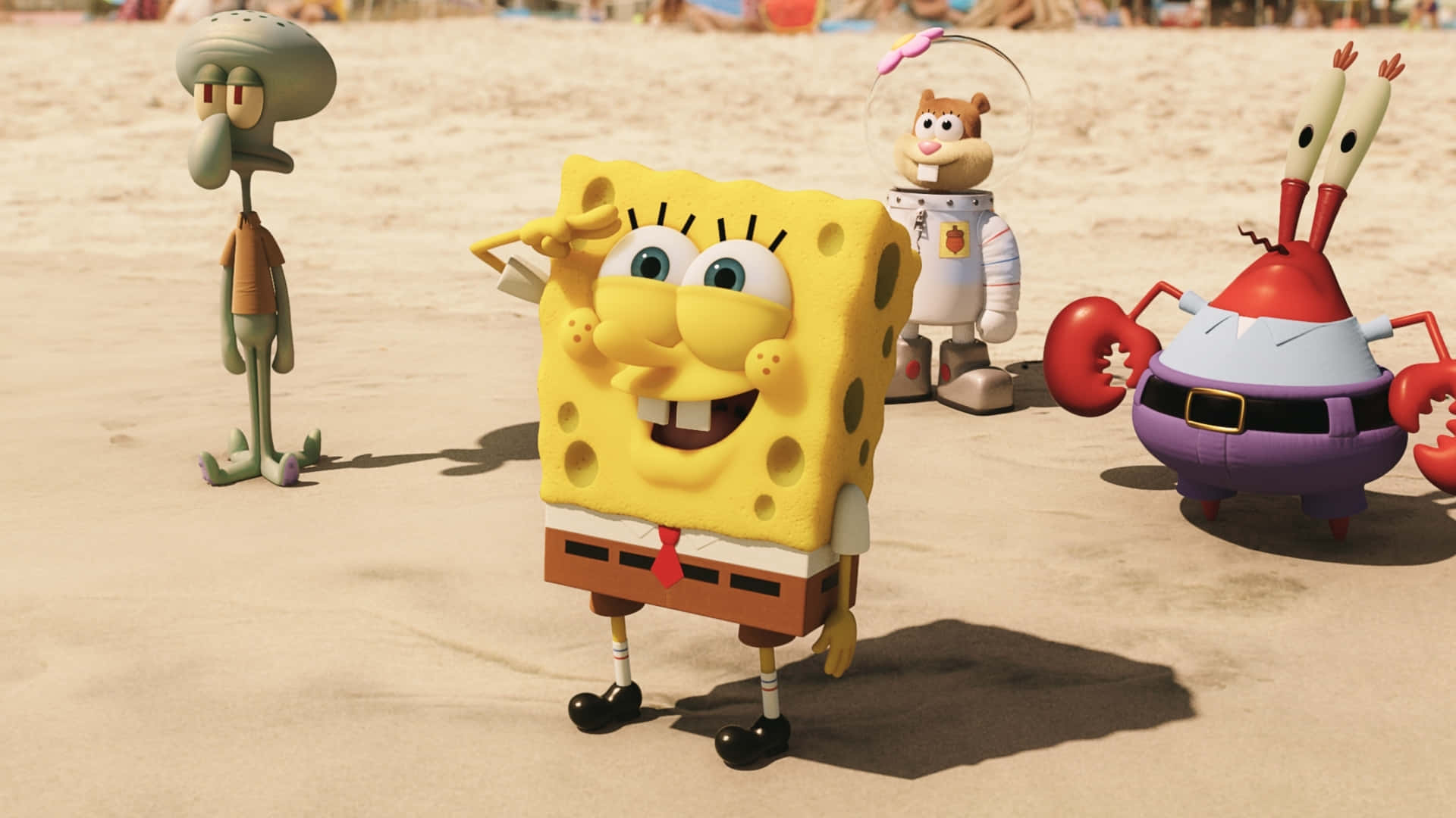Spongebob Squarepants The Movie 桌布 壁紙 — 海綿寶寶在陽光明媚的海灘上愉快地揮手，旁邊有章魚哥、派大星和蟹老闆。