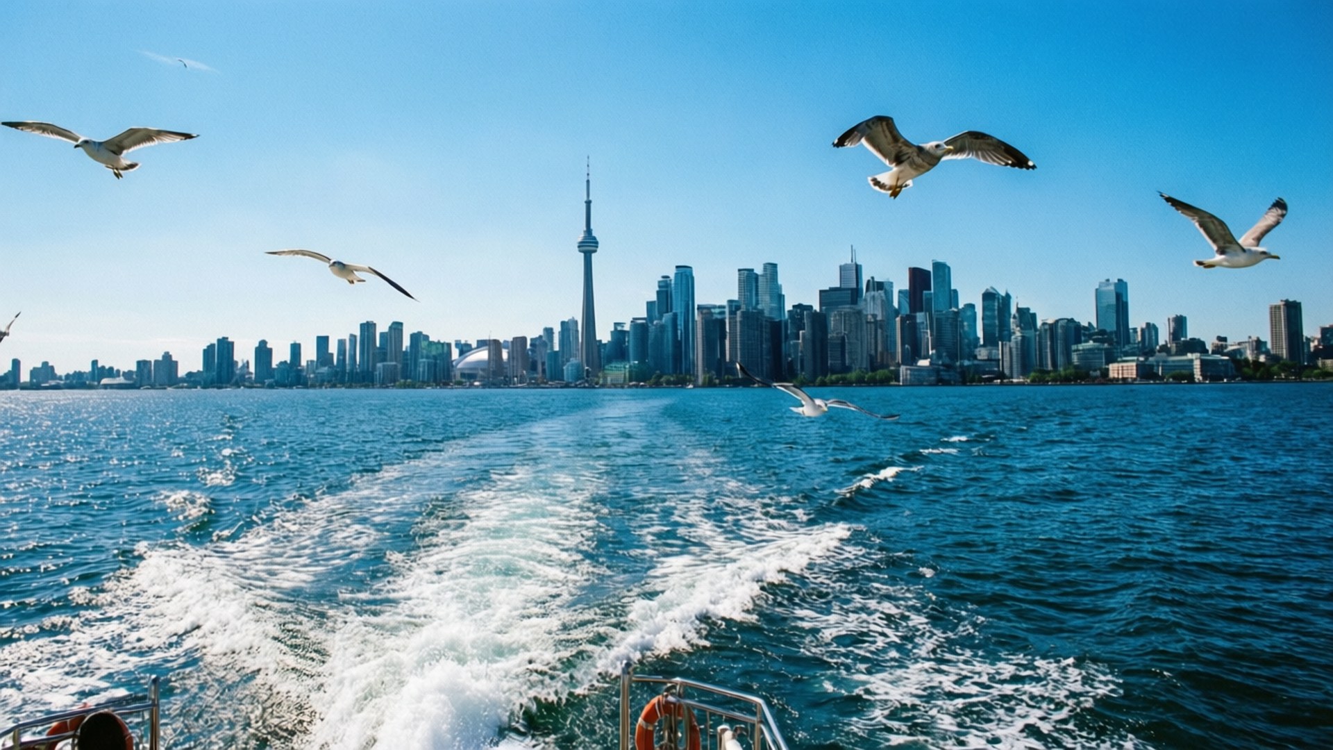 Toronto Ferry View 壁紙 — 海鷗在碧綠色的水面上翱翔，一艘船在清澈的藍天下留下白色尾跡，朝向多倫多的天際線。