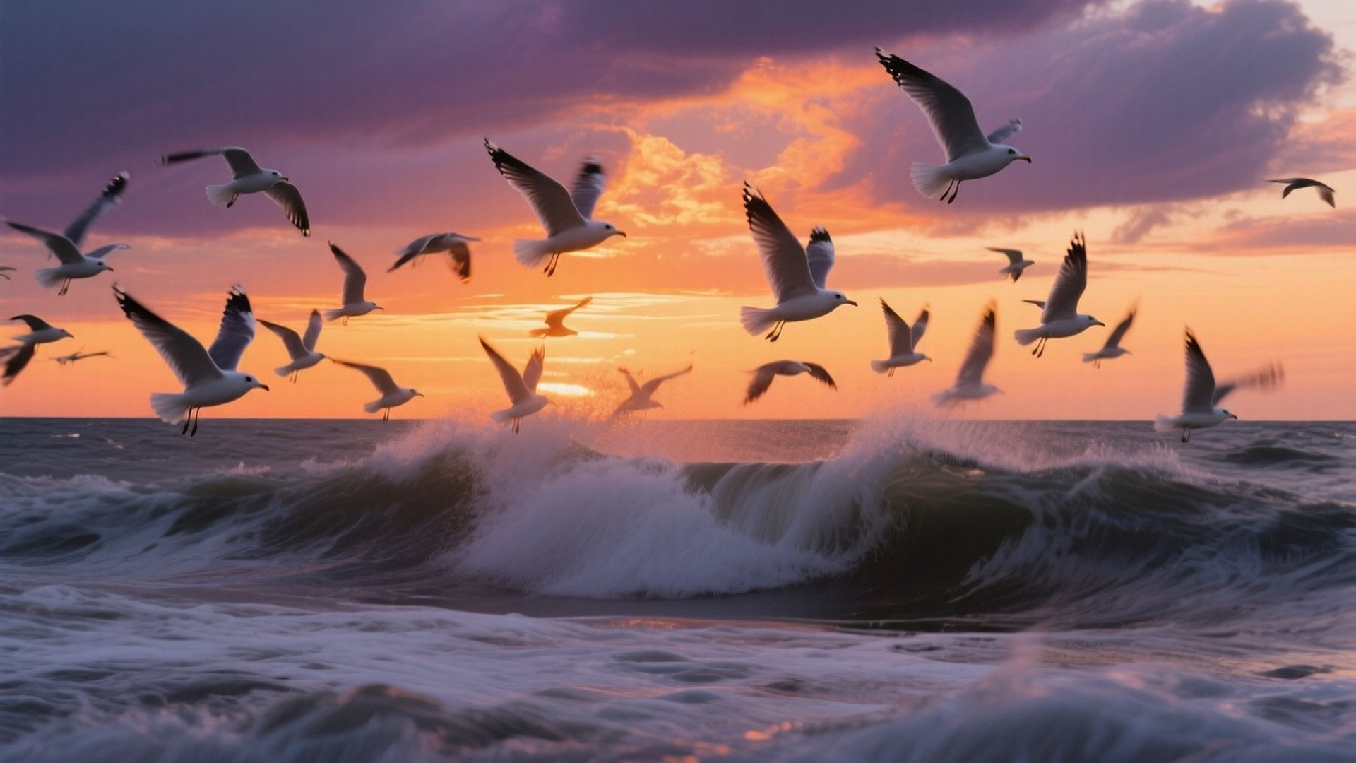 Seagulls at Sunset 壁紙 — 海鷗在紫色和橙色鮮豔的日落天空下，翱翔於拍打的海浪之上。