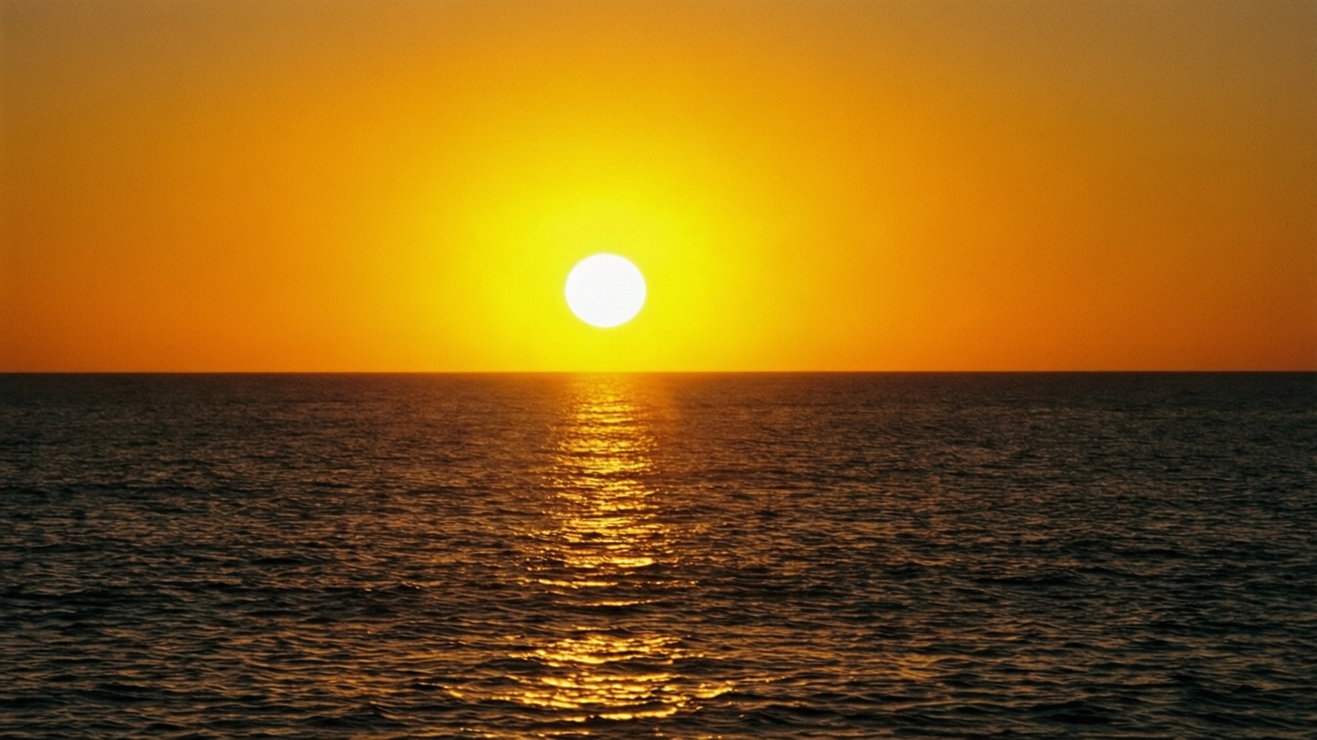 Golden Ocean Sunset 壁紙 — 一輪燦爛的太陽沉入地平線，在平靜的海面上灑下金色的光芒。