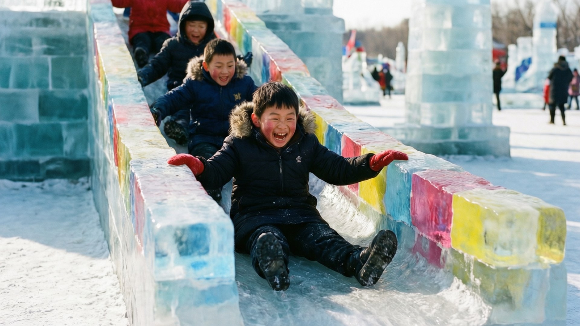 Ice Slide Fun 壁紙 — 孩子們在冬季節日裡笑著從色彩繽紛的彩虹冰滑梯上滑下。