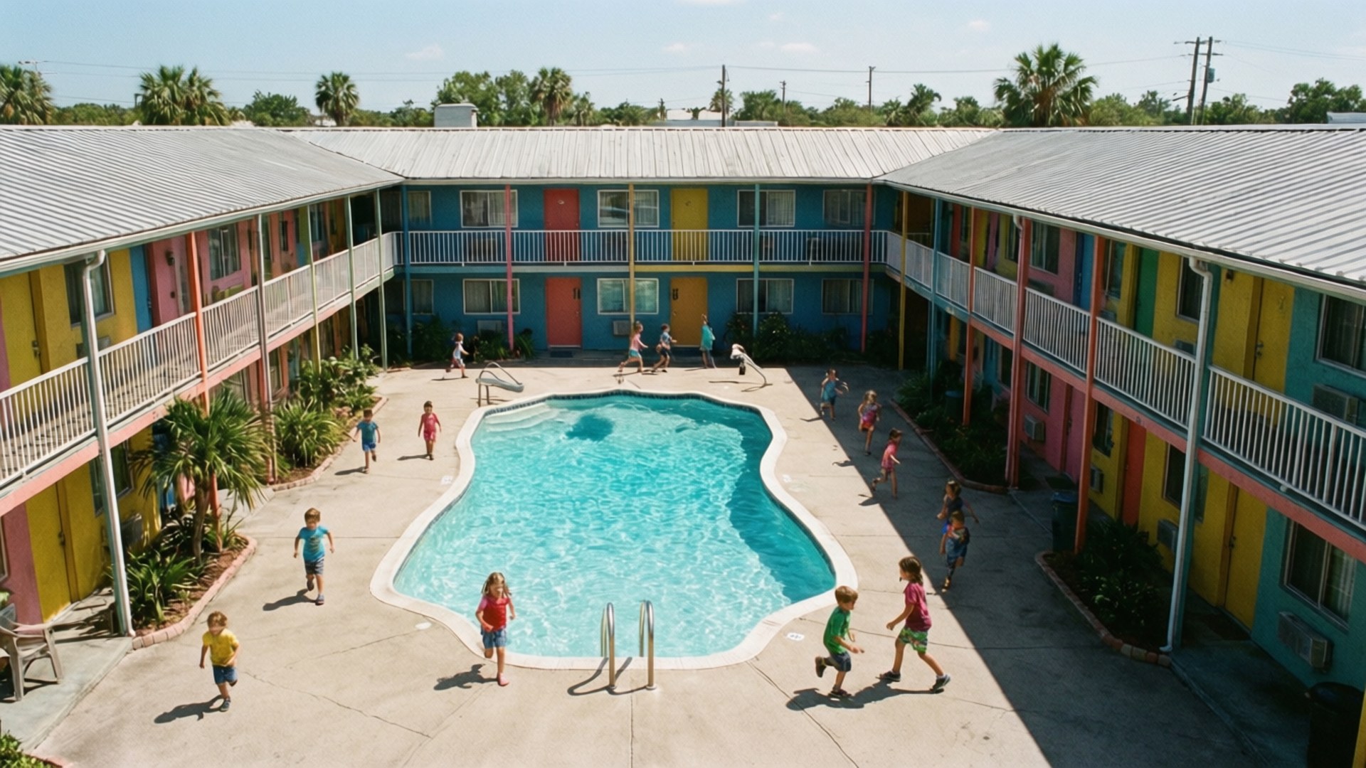The Florida Project 桌布 壁紙 — 孩子們在晴朗的天空下，在色彩繽紛的復古汽車旅館庭院裡，圍著明亮的藍色泳池玩耍。