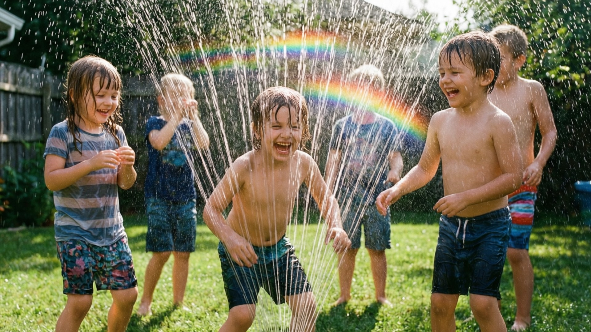 Kids Playing in Sprinkler 壁紙 — 孩子們在陽光明媚的花園裡歡笑玩耍，水在空中劃出弧線，在他們身後形成一道鮮豔的彩虹。