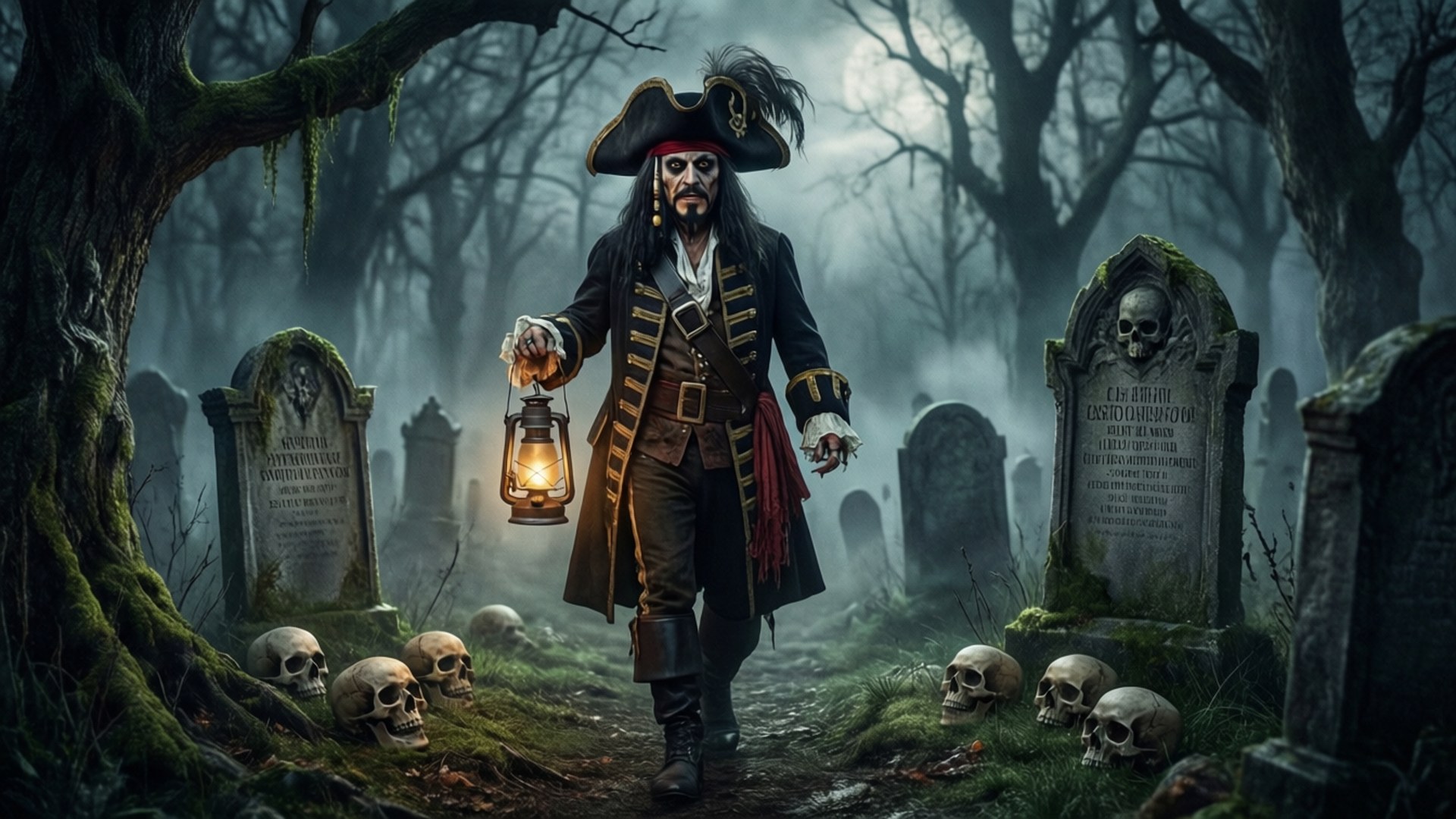 Graveyard Stroll 壁紙 — 一個戴紅色頭巾和三角帽的海盜，手持發光燈籠，走過迷霧籠罩的墓地。