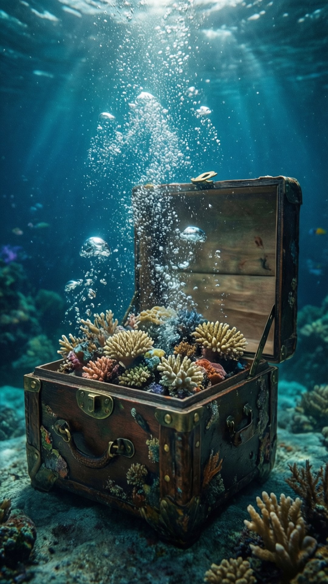 水下開箱 壁紙 — 海底一個打開的木製寶箱滿載色彩繽紛的珊瑚，陽光穿過水面照射下來。