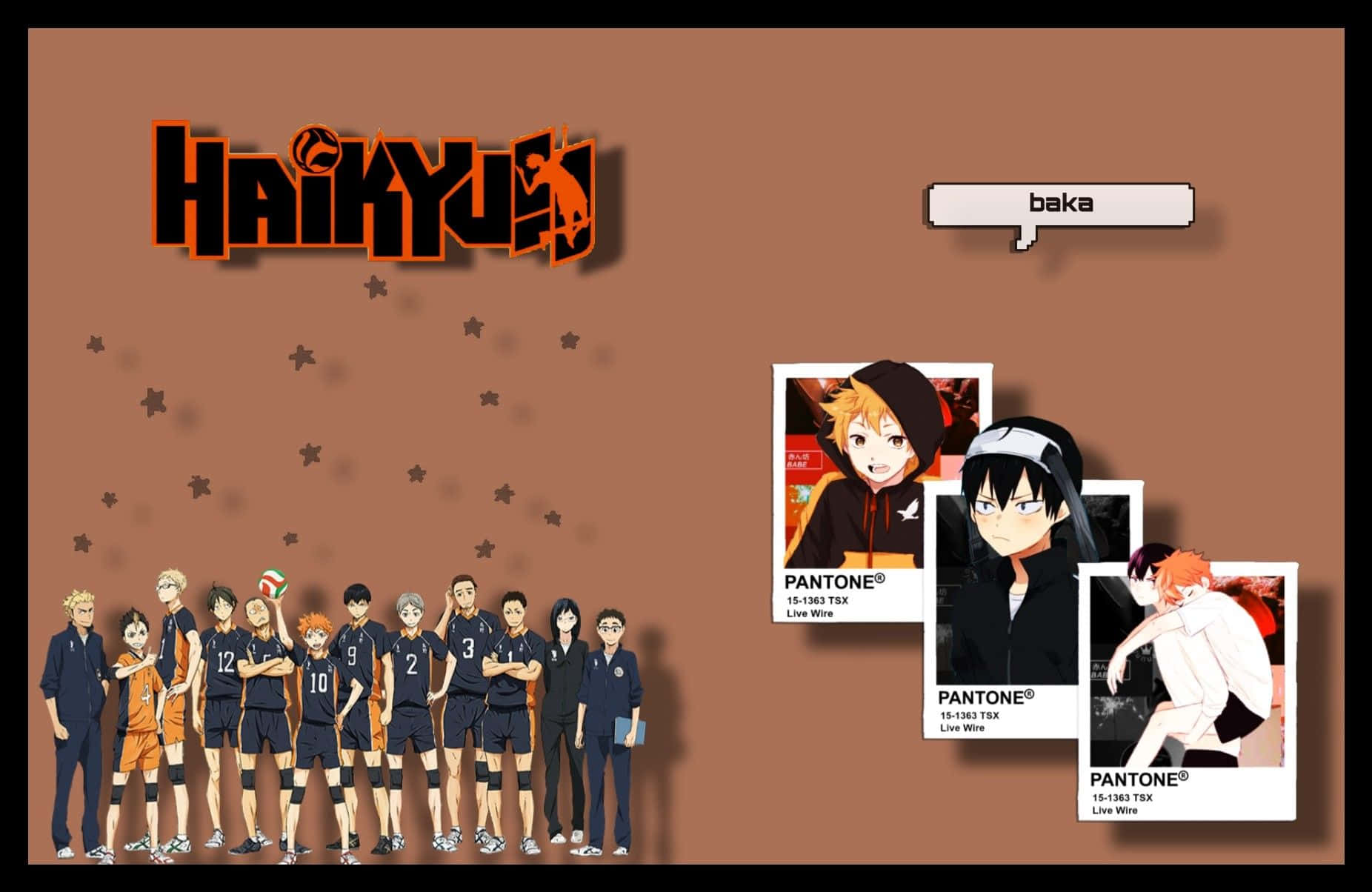 桌布 壁紙 — Haikyuu!! 動畫團隊姿勢旁邊是拍立得風格角色照片，帶有「baka」對話氣泡，背景是棕色星空。