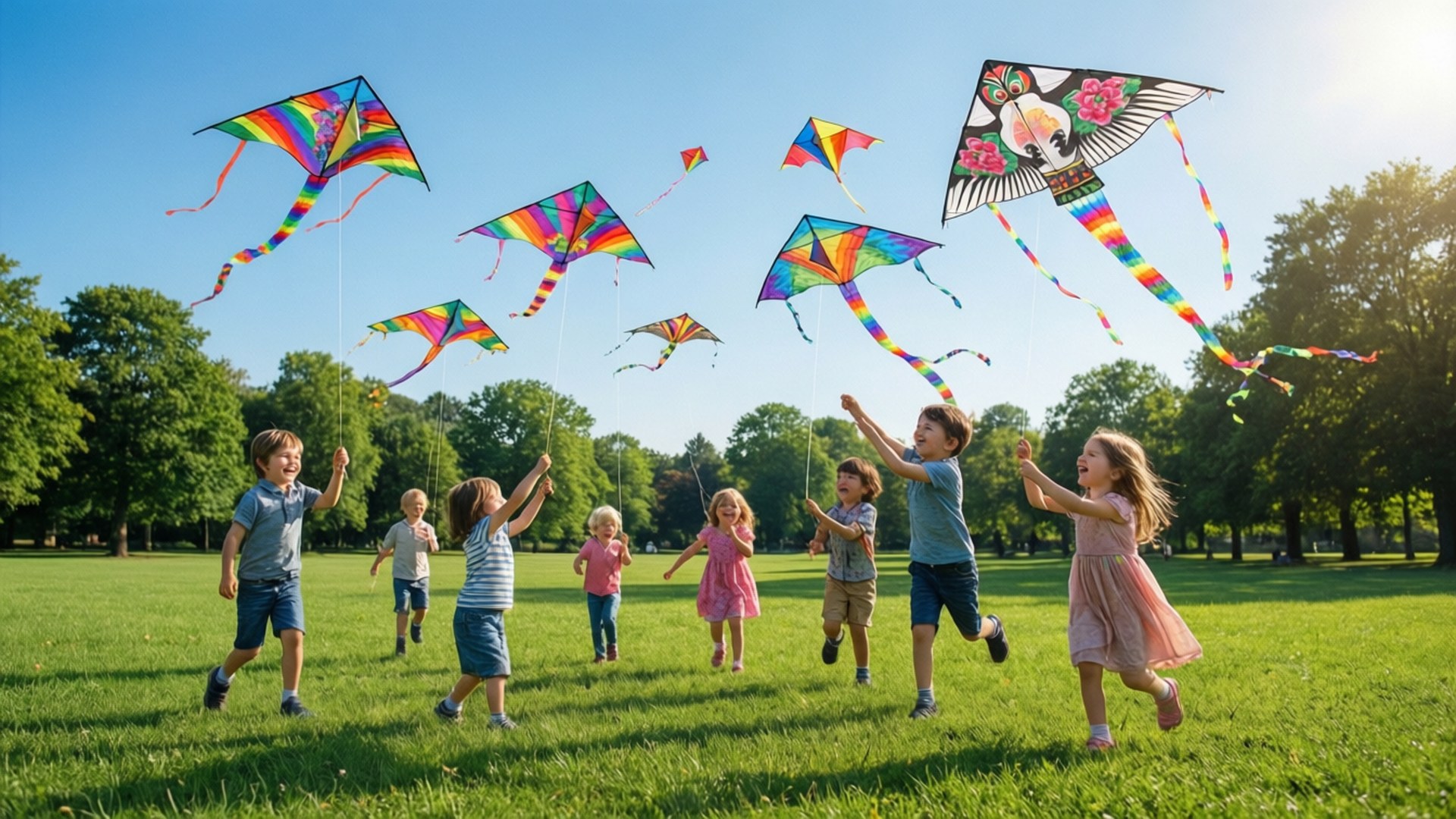 Kite Flying in Park 壁紙 — 孩子們在陽光明媚的草地上歡快地奔跑，將五彩繽紛的風箏放飛到清澈的藍天中。