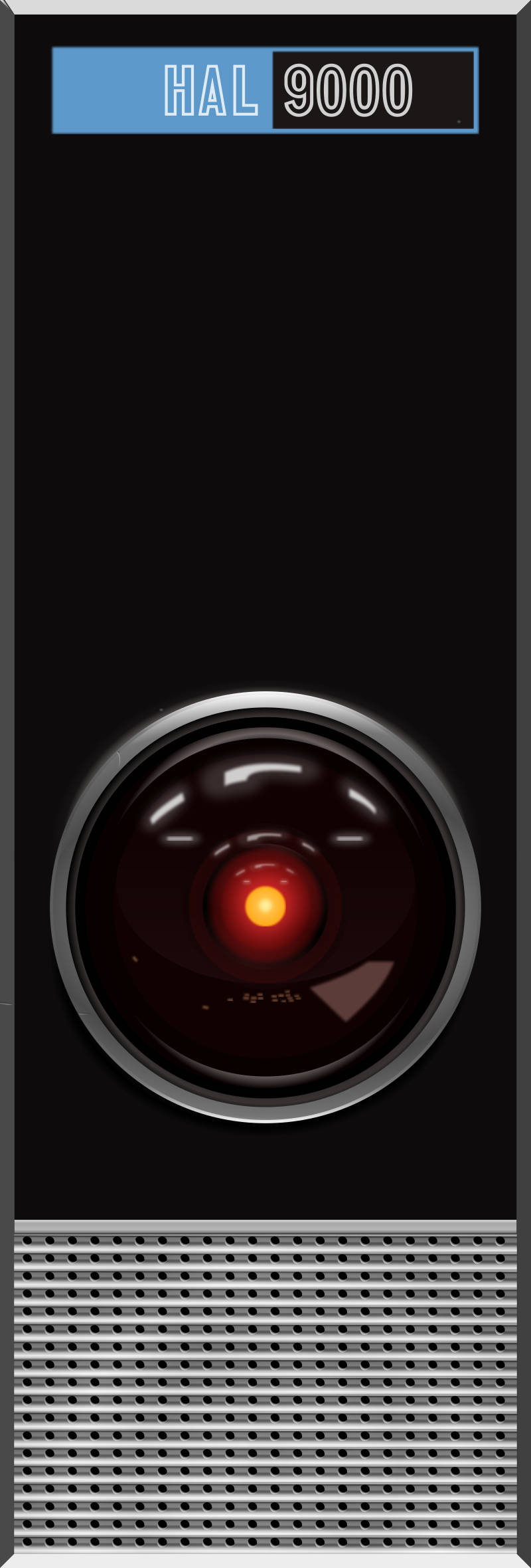 高清 桌布 壁紙 — HAL 9000 發光的橙色眼睛和藍色名牌的特寫，背景為黑色圓柱形機身。
