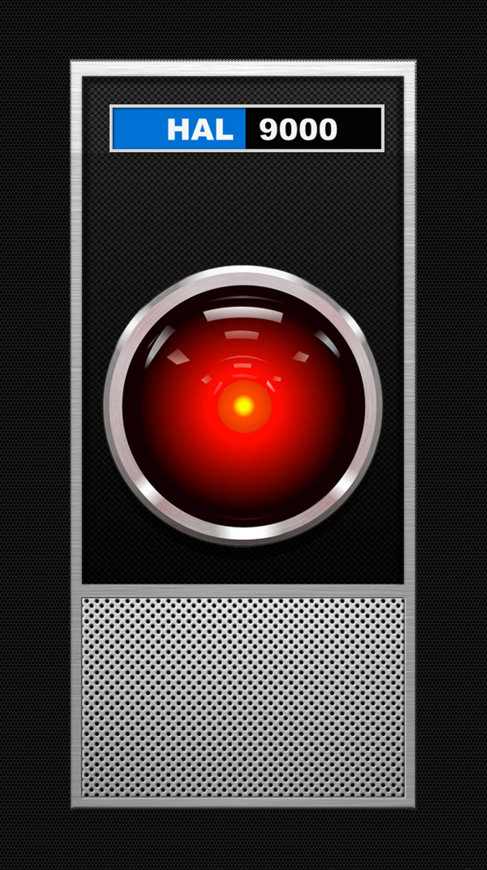 高清 桌布 壁紙 — HAL 9000 發光紅眼的特寫，帶有金屬外殼和穿孔揚聲器格柵。