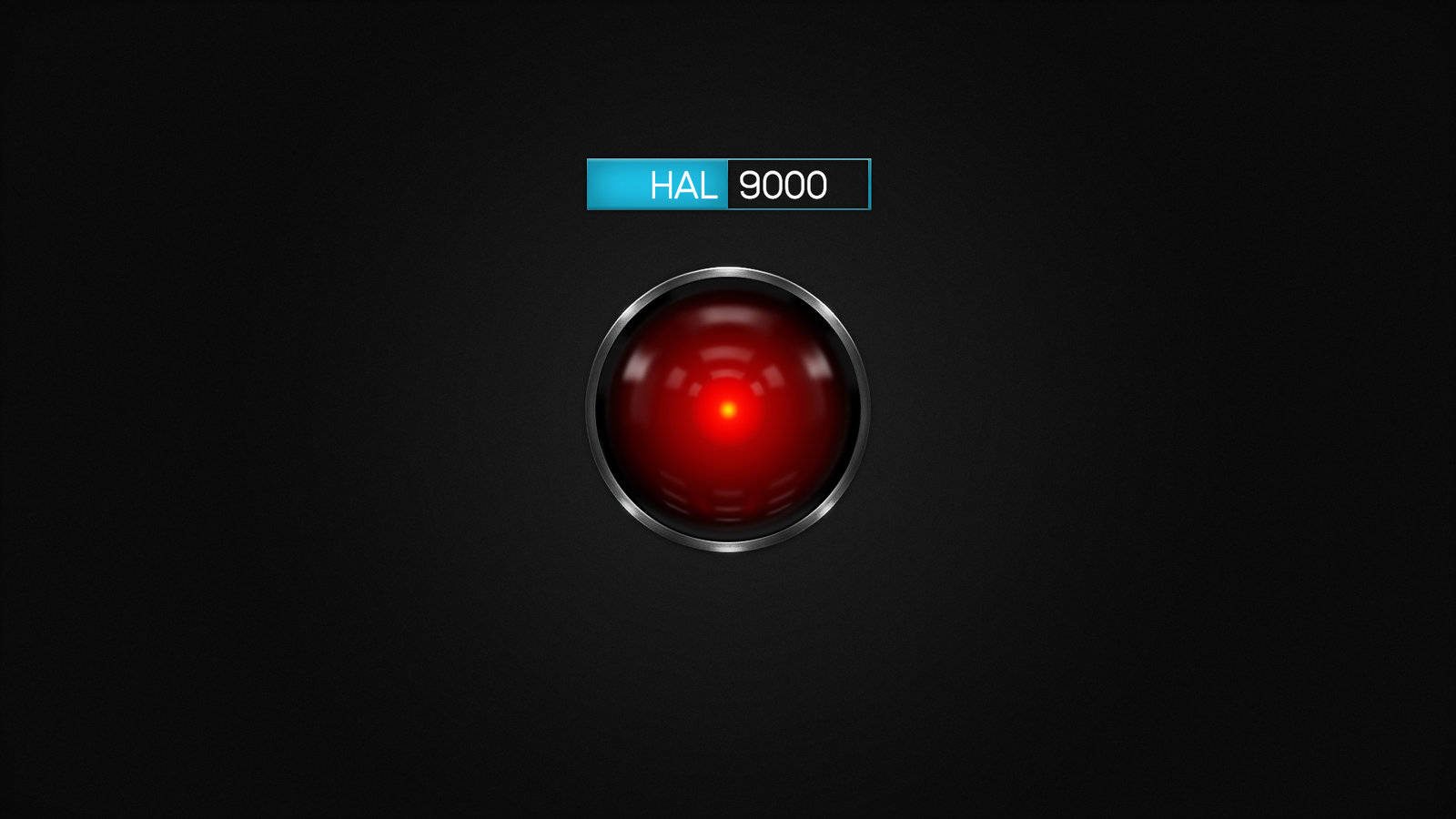 高清 桌布 壁紙 — HAL 9000 的發光紅色眼睛，背景為黑色，上方有藍色標籤。
