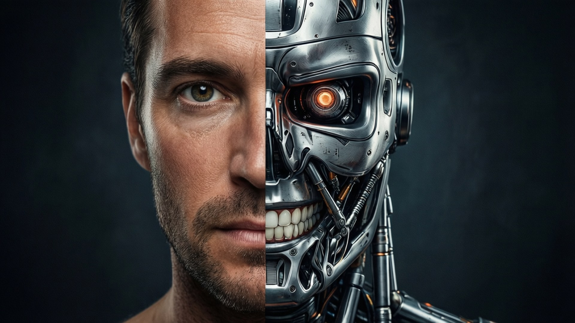 Human vs Cyborg Face 壁紙 — 一張人臉從中間分開，一側是有機的，另一側是金屬機器人，帶有發光的橙色眼睛。
