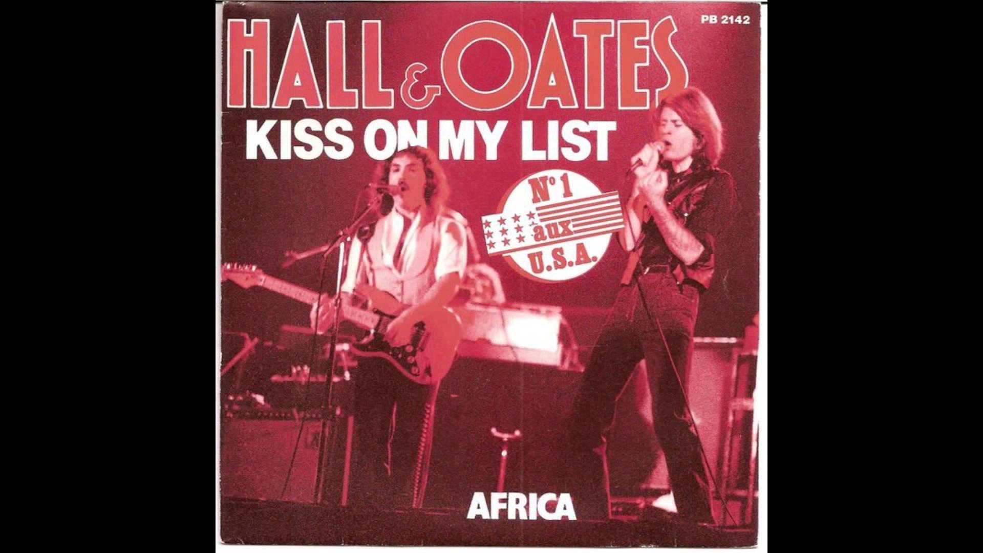 復古 桌布 壁紙 — Hall & Oates 在紅色燈光下表演，帶有「Kiss on My List」專輯封面和「N1 U.S.A.」貼紙。