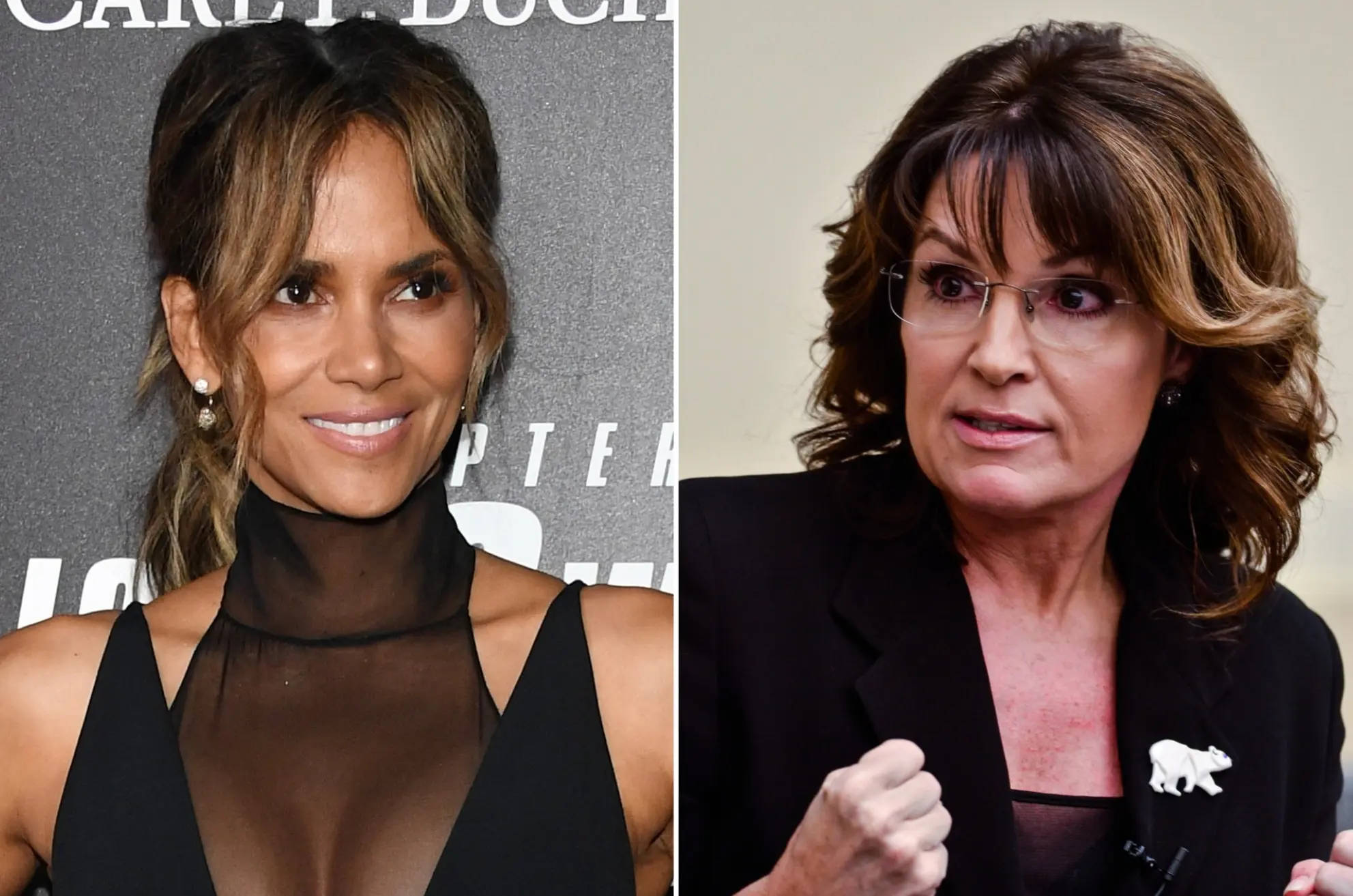 Halle Berry 桌布 壁紙 — Halle Berry 穿著黑色連衣裙微笑，旁邊是Sarah Palin握緊拳頭並佩戴熊胸針說話的分割肖像。
