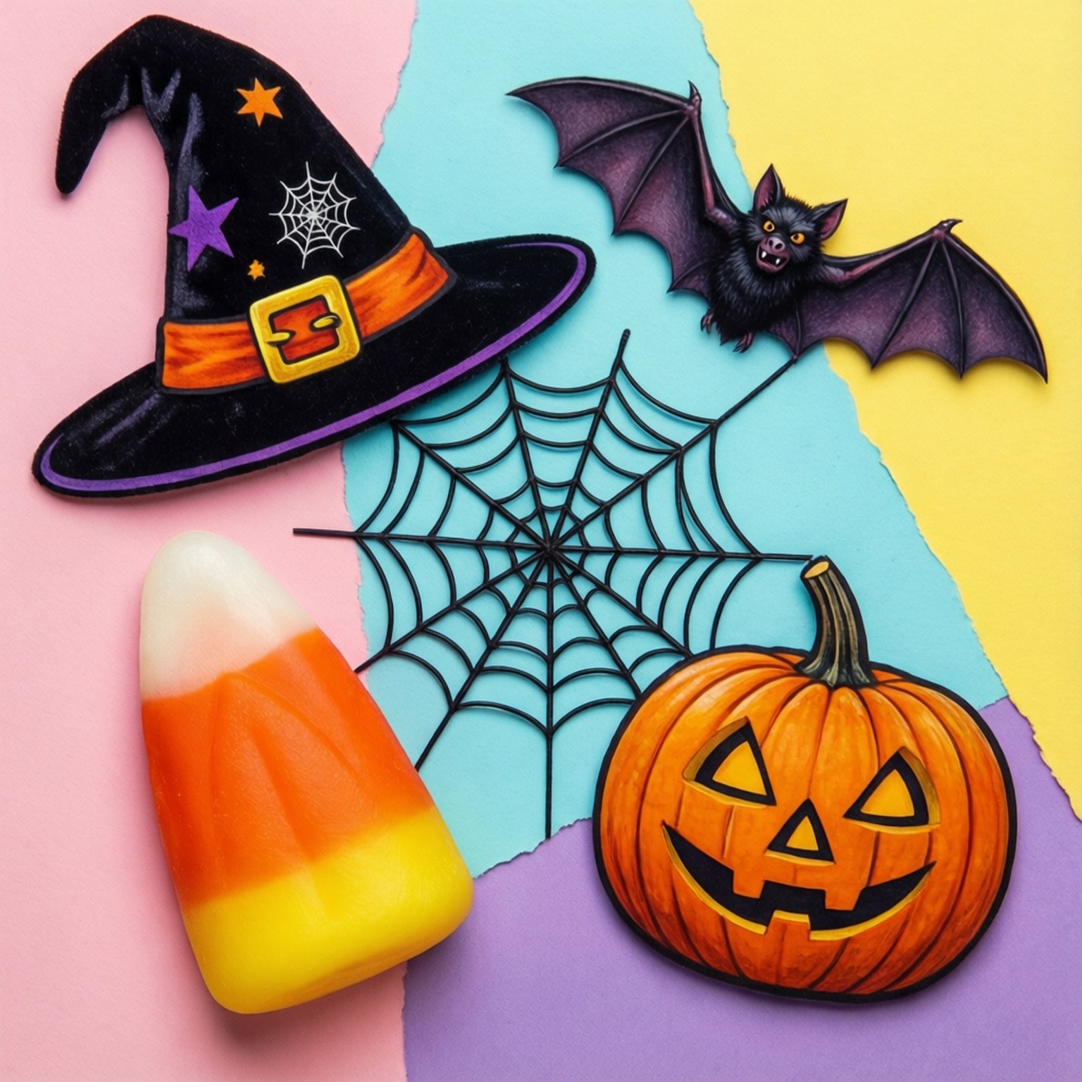 Halloween Collage Art 壁紙 — 在色彩繽紛的撕紙背景上，以平鋪方式展示萬聖節圖標，包括女巫帽、蝙蝠、蜘蛛網、糖果玉米和傑克南瓜燈。