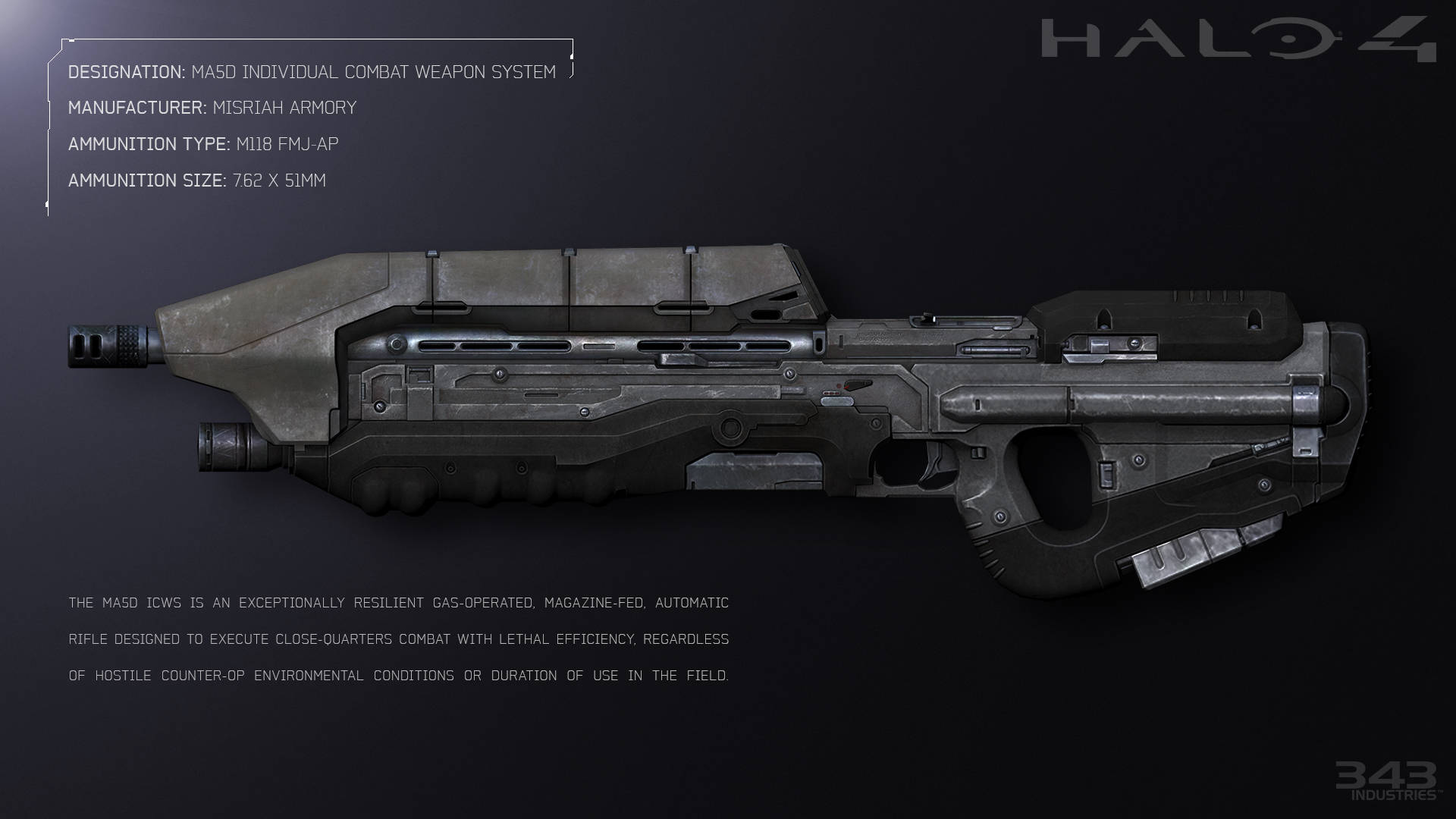 最後一戰 4 桌布 壁紙 — Halo 4 的 M450 個人戰鬥武器系統的詳細技術插圖，顯示在深色背景上，附有規格文字。