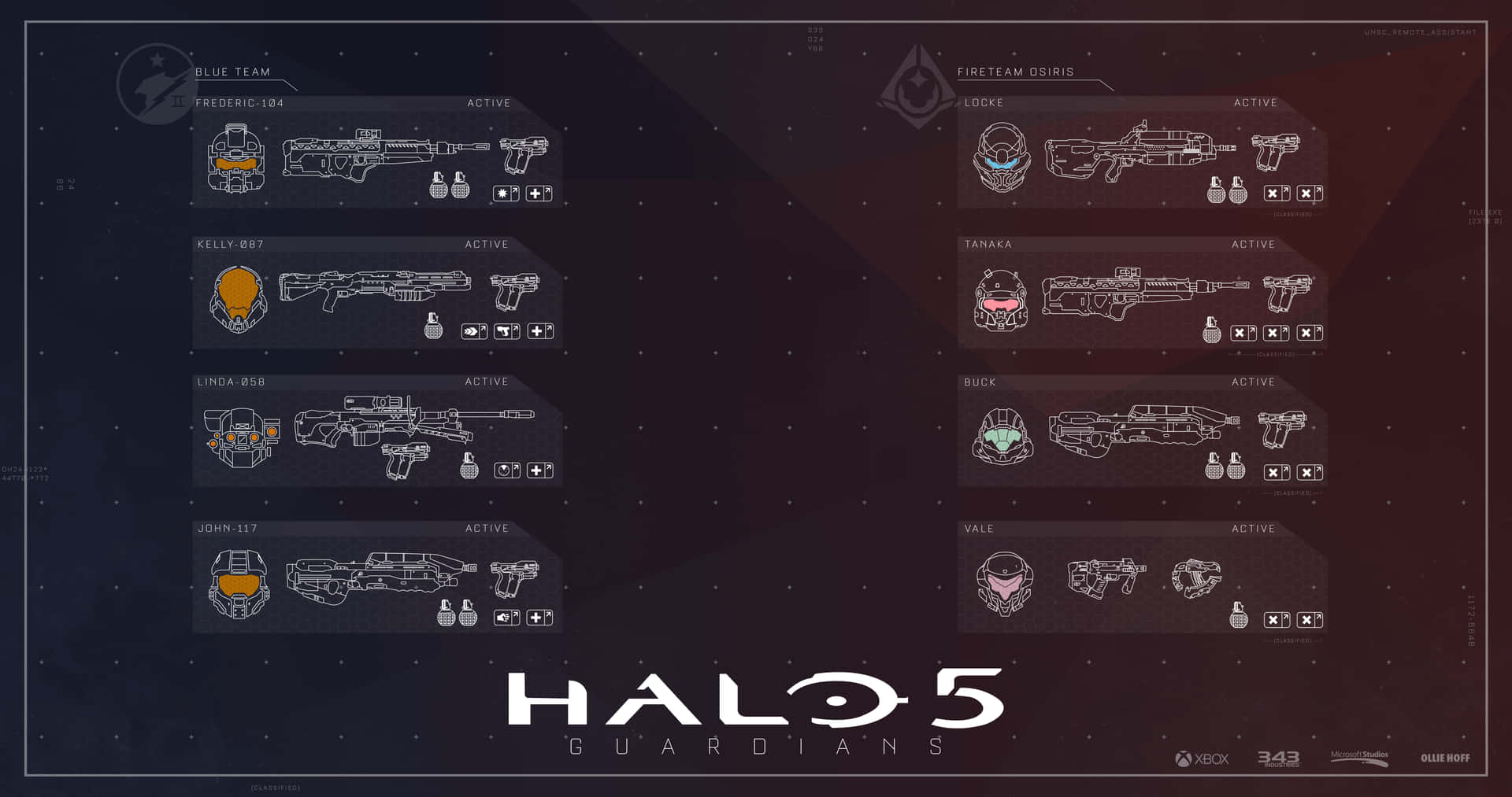 video games 桌布 壁紙 — Halo 5 Guardians 的武器和玩家裝備介面以黑暗未來數位 UI 顯示，帶有發光的白色輪廓。