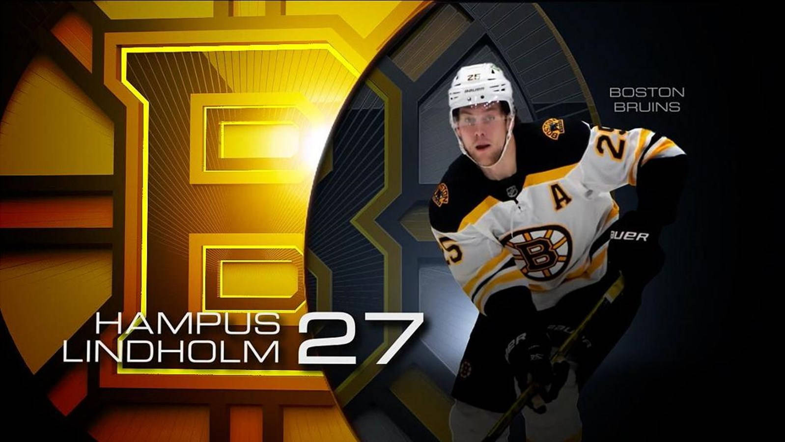 hockey 桌布 壁紙 — Hampus Lindholm 27號身穿波士頓棕熊隊球衣，在深色幾何背景前，在閃亮的金色「B」標誌旁動態擺姿勢。
