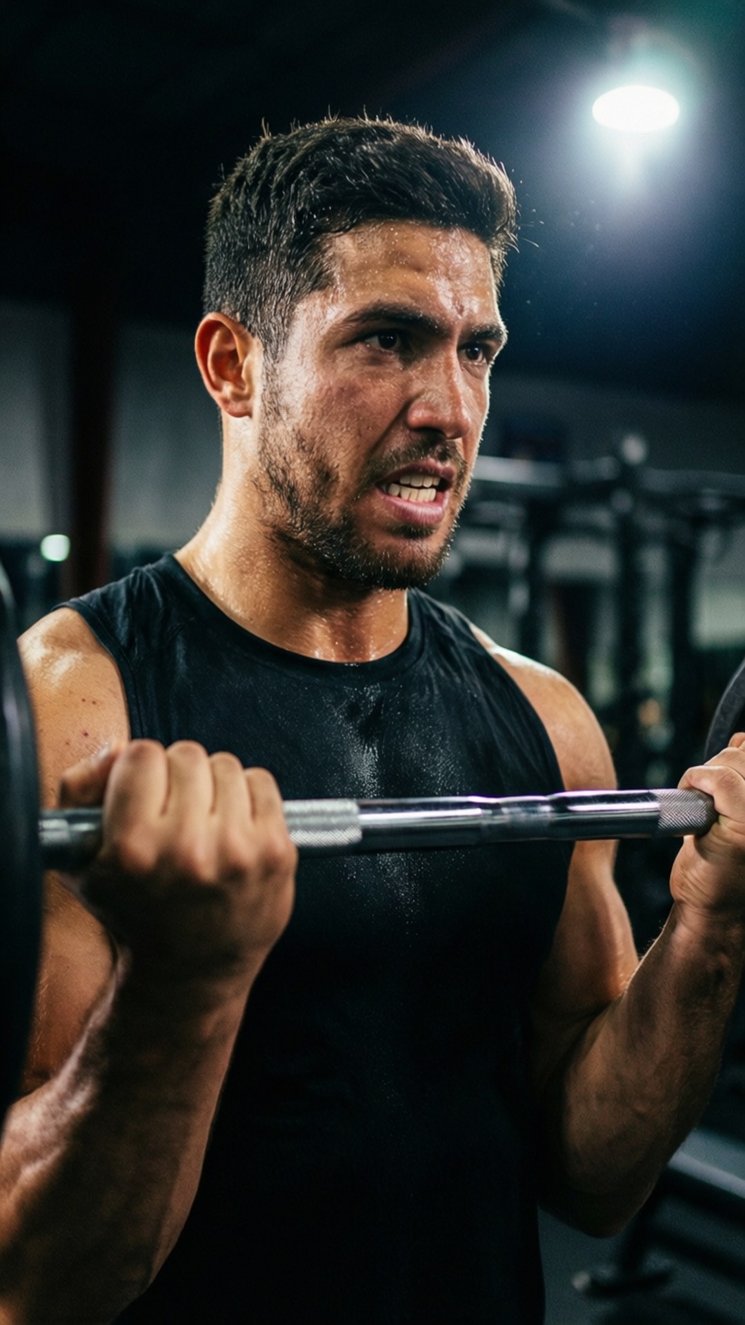 Intense Workout 壁紙 — 一個汗流浹背的肌肉男在昏暗的健身房裡，在明亮的頭頂燈光下咬緊牙關舉起槓鈴。