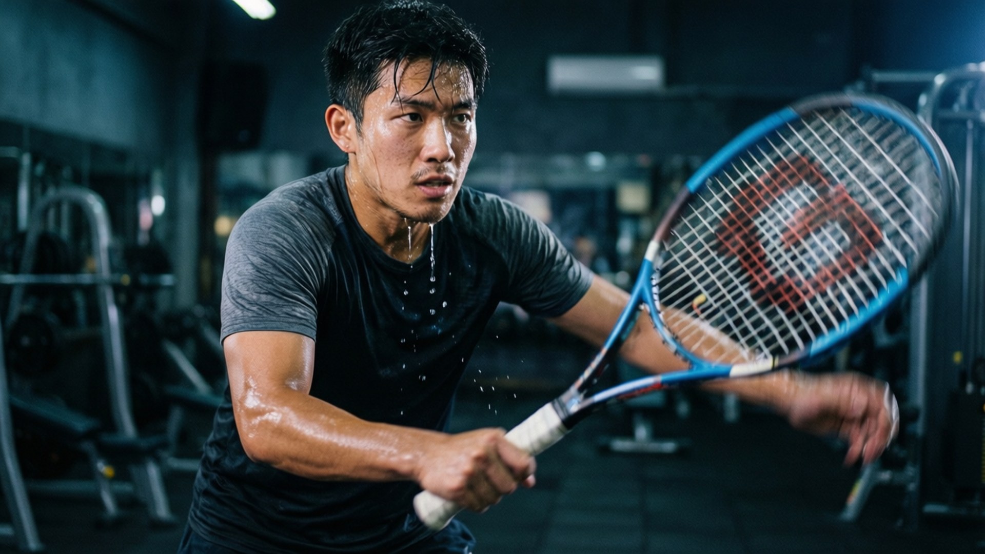 Sweat and Determination 壁紙 — 一名汗流浹背的男性網球運動員在昏暗的室內體育館中猛烈揮拍。