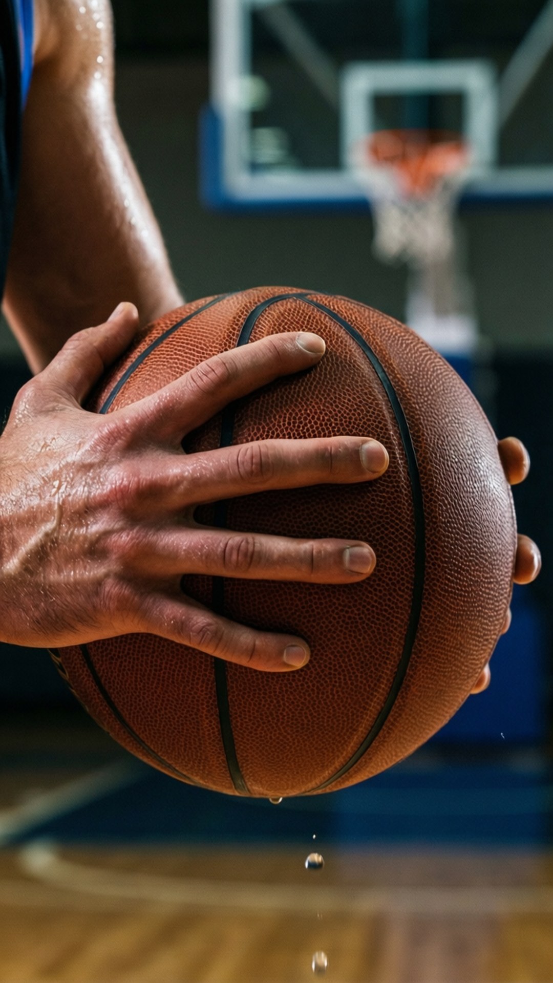 Grip of Determination 壁紙 — 一隻汗濕的手緊握籃球，水滴落下，背景中的籃框模糊不清的特寫。