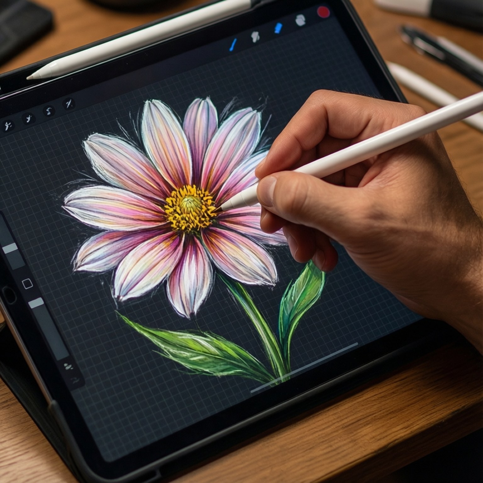 Digital Art Tablet 壁紙 — 一隻手用白色觸控筆在平板電腦螢幕上畫出一朵帶有黃色中心的鮮豔粉白色花朵。