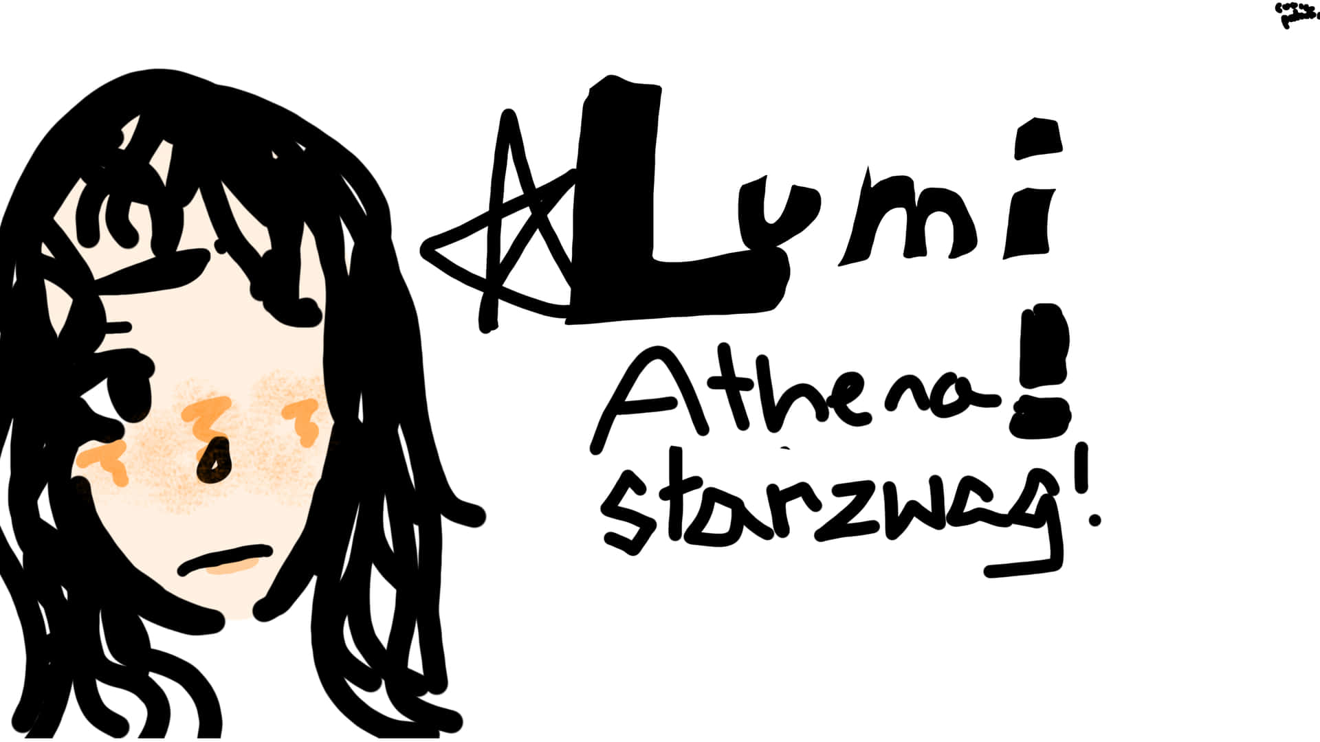  壁紙 — 一個手繪動漫女孩，黑髮紅腮，旁邊有風格化文字 Lumi Athena Starzway。