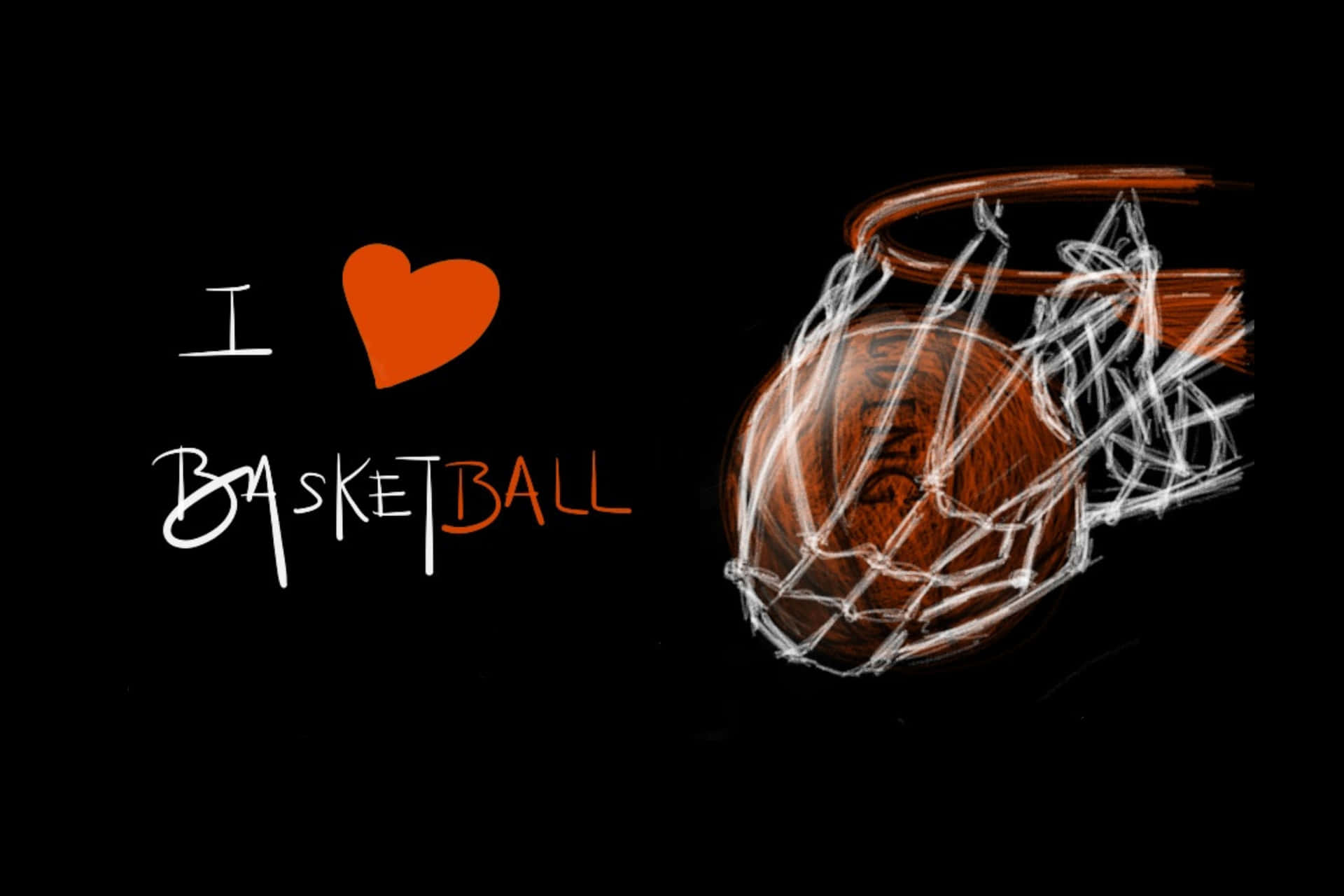  壁紙 — 一個手繪籃球穿過籃框，黑色背景上寫有「I ❤️ BASKETBALL」文字。