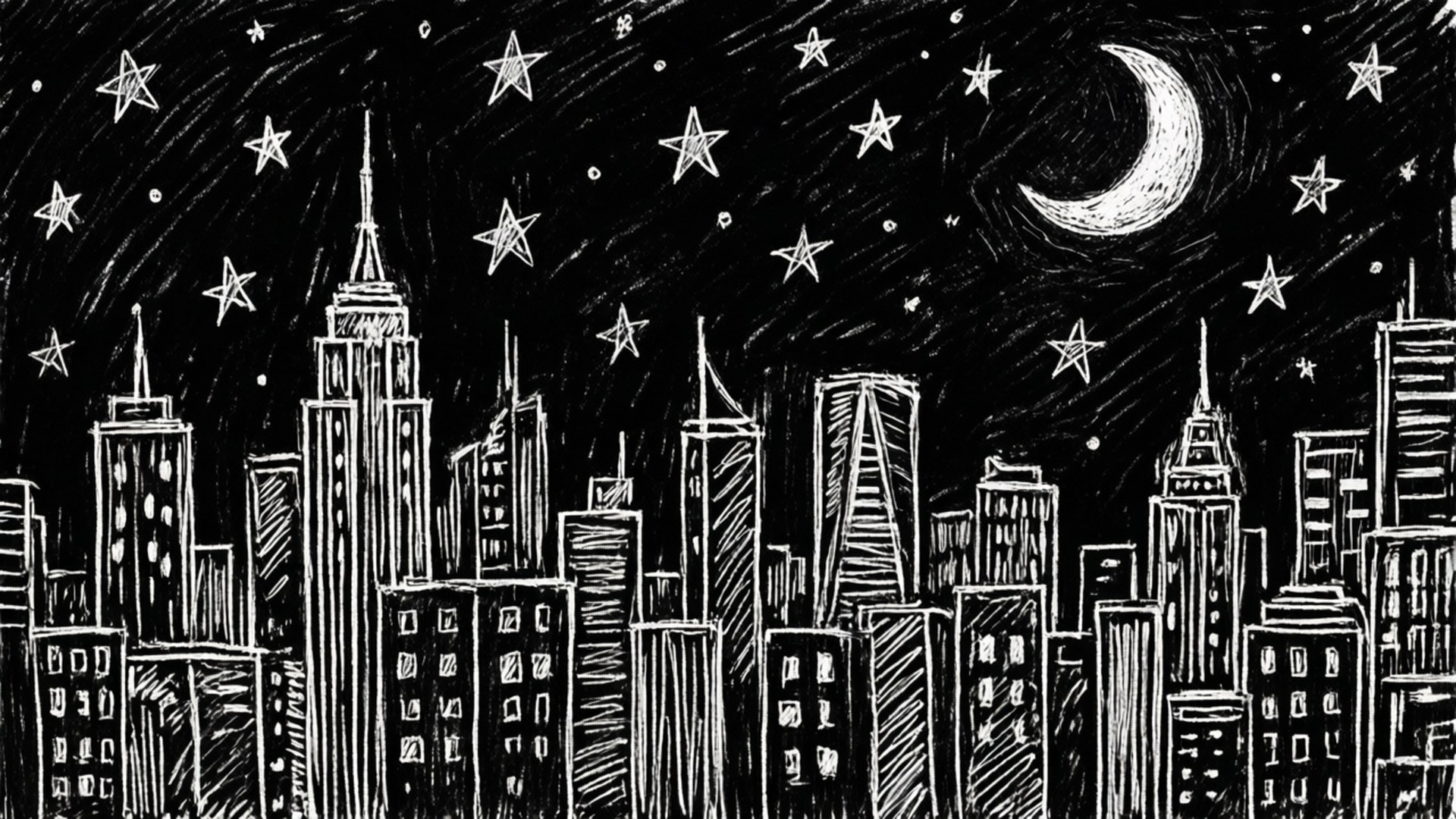 Monochrome City Night Doodle 壁紙 — 手繪黑白城市天際線，背景是繁星點點的夜空和一彎新月。