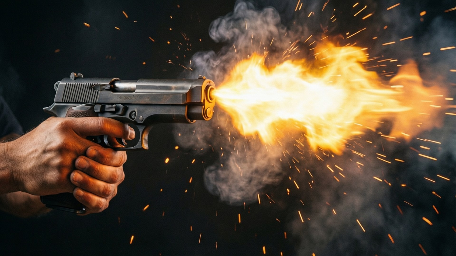 Muzzle Flash Action 壁紙 — 一隻手緊握銀色手槍，在黑暗背景下發射明亮的橙色火焰和火花。