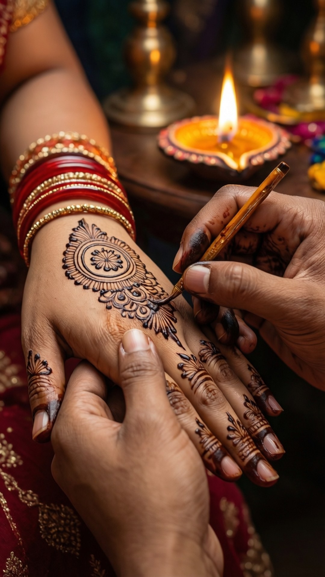 Henna and Diya Detail 壁紙 — 一隻飾有複雜指甲花圖案的手，正在被藝術家用錐子在發光的油燈旁精緻地裝飾。