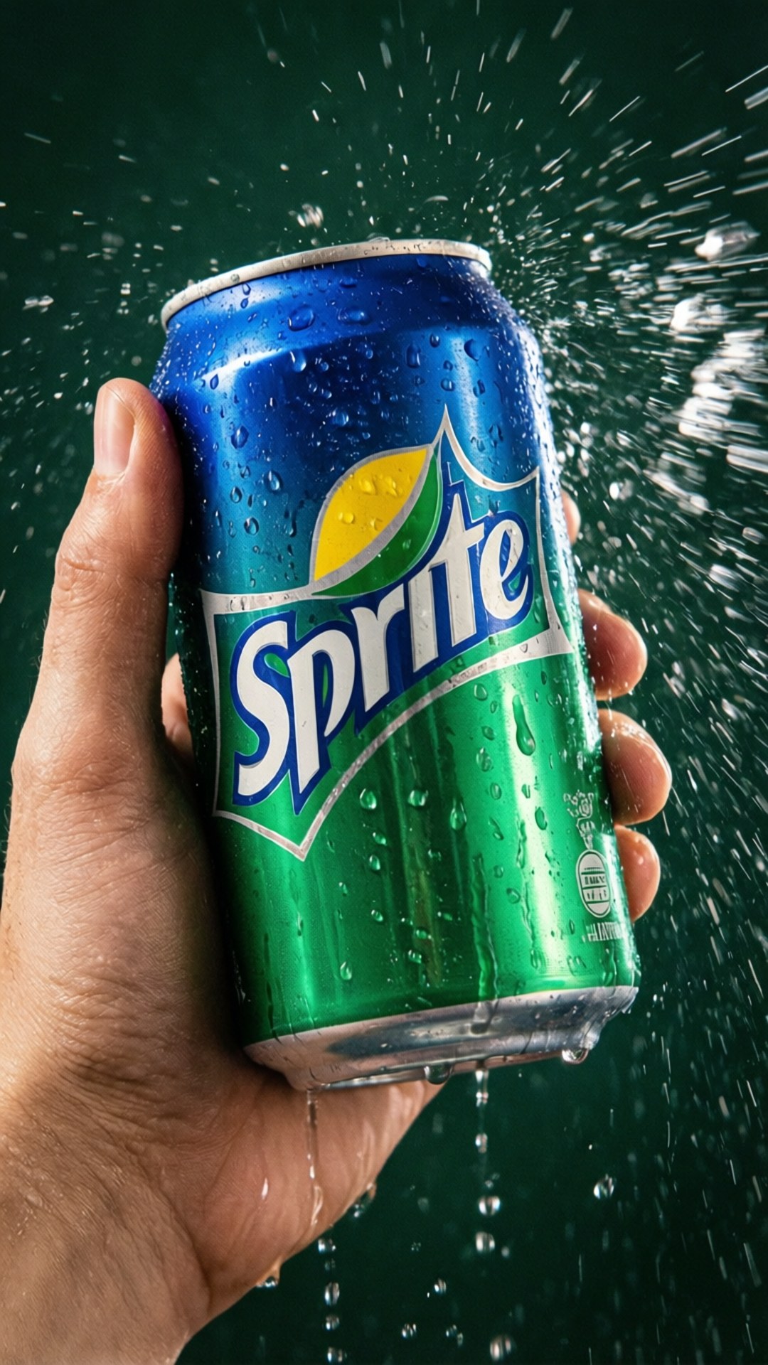 sprite 桌布 壁紙 — 一隻手緊握冰涼的雪碧罐，冷凝水滴落，液體戲劇性地噴濺在深綠色背景上。