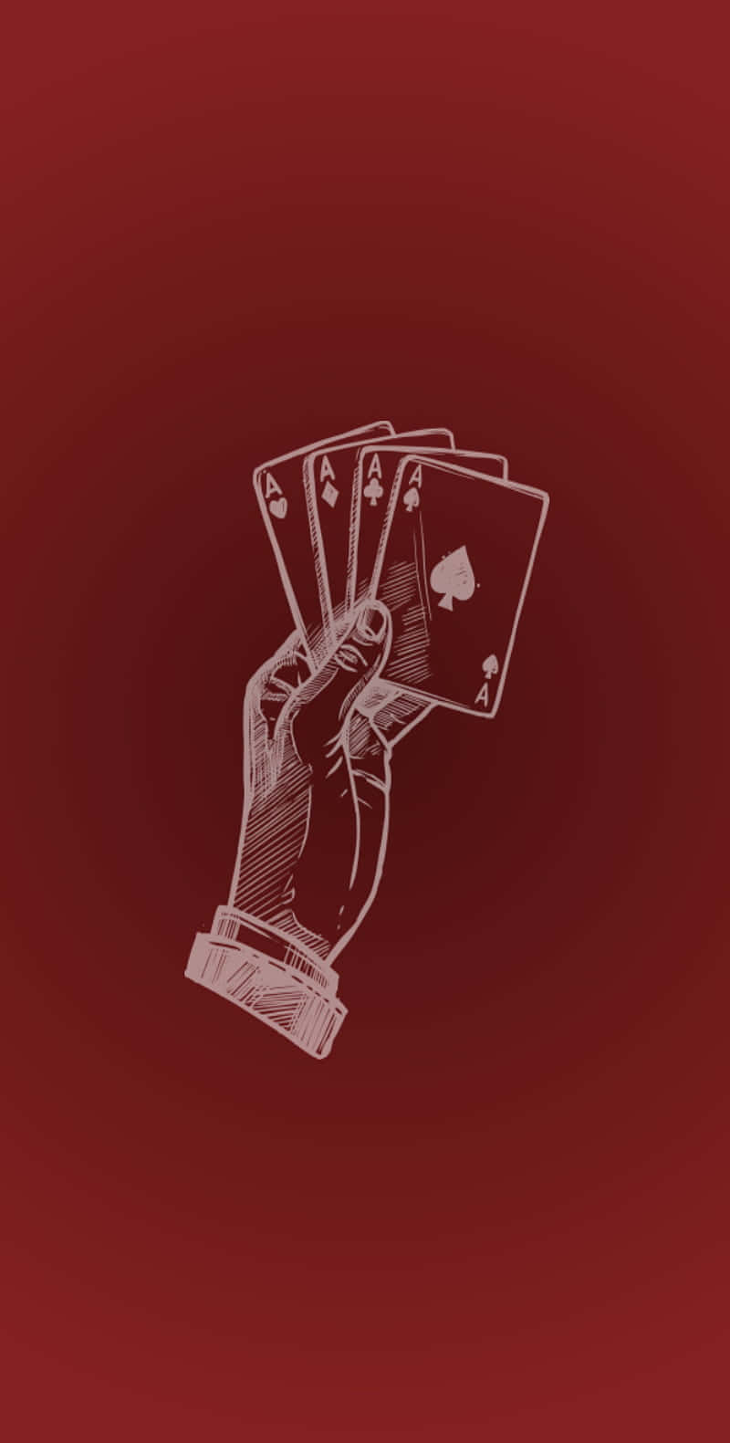  壁紙 — 一隻戴著袖口的手在深紅色漸變背景上以草圖線條風格握著四張Ace。