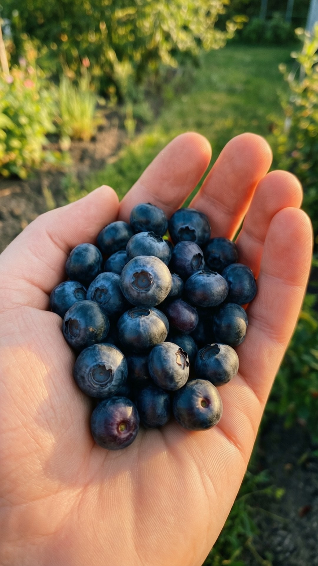 Handful of Blueberries 壁紙 — 一隻手捧著一把飽滿成熟的藍莓，背景是陽光明媚的花園。