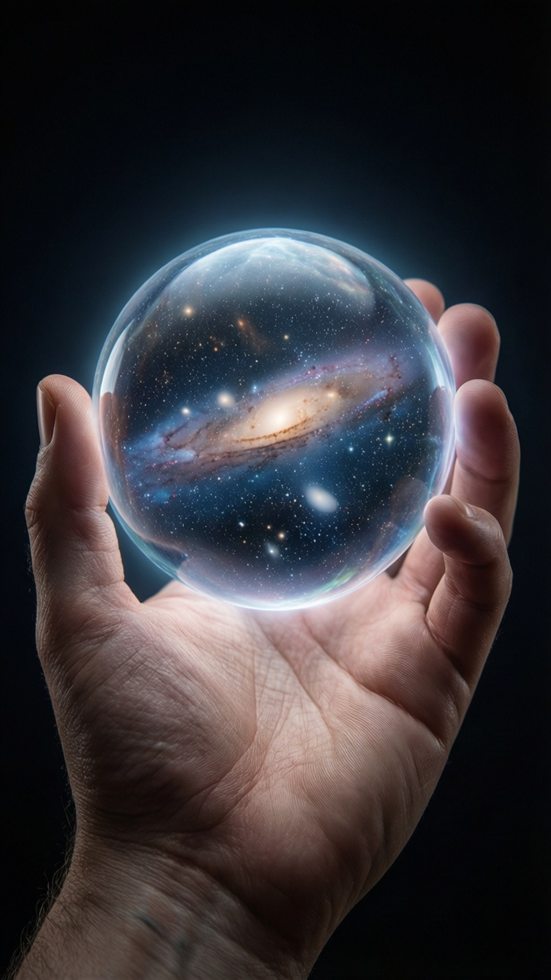 Universe in Hand 壁紙 — 一隻人類的手捧著一個發光的透明球體，顯露出一個充滿星星和宇宙塵埃、在黑暗虛空中旋轉的鮮豔螺旋星系。