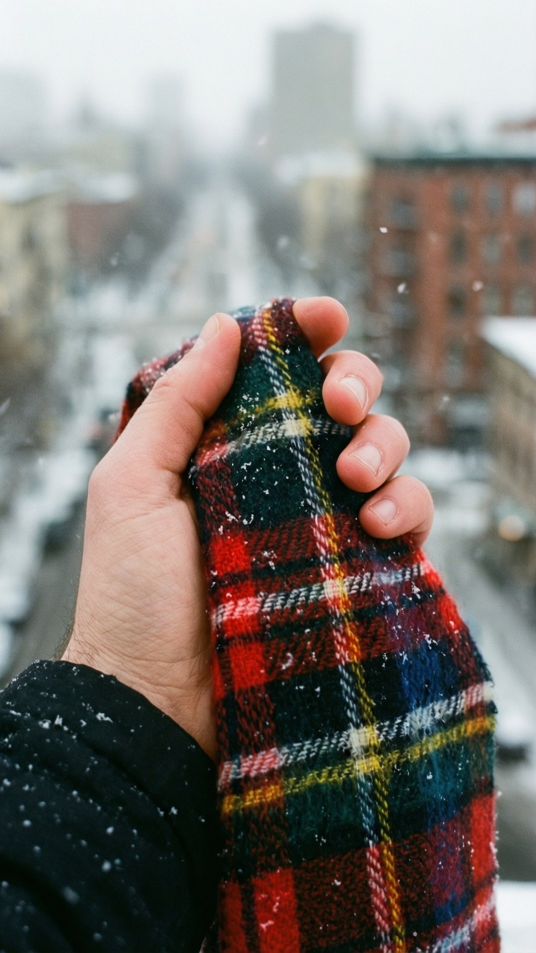 Checkered 桌布 壁紙 — 一隻手在飄雪的城市背景下抓著一條色彩繽紛的格紋圍巾。