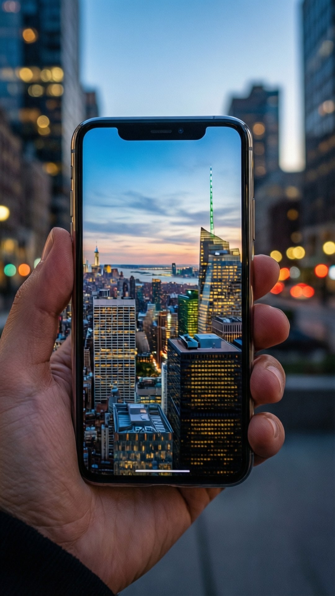 手拿智慧型手機顯示紐約市黃昏天際線，有亮燈建築和水岸 — iPhone 11 壁紙