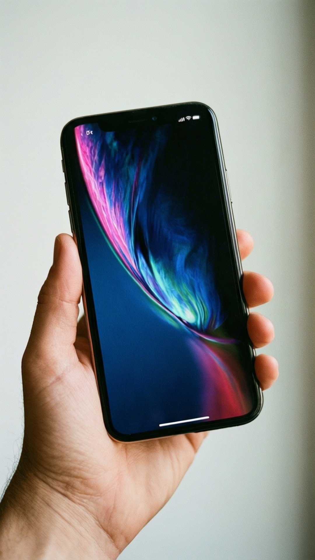 iPhone X in Hand 壁紙 — 一隻手拿著一部黑色智慧型手機，螢幕上顯示一個充滿活力的藍色、粉紅色和紫色漩渦圖案桌布，背景為純色淺色。