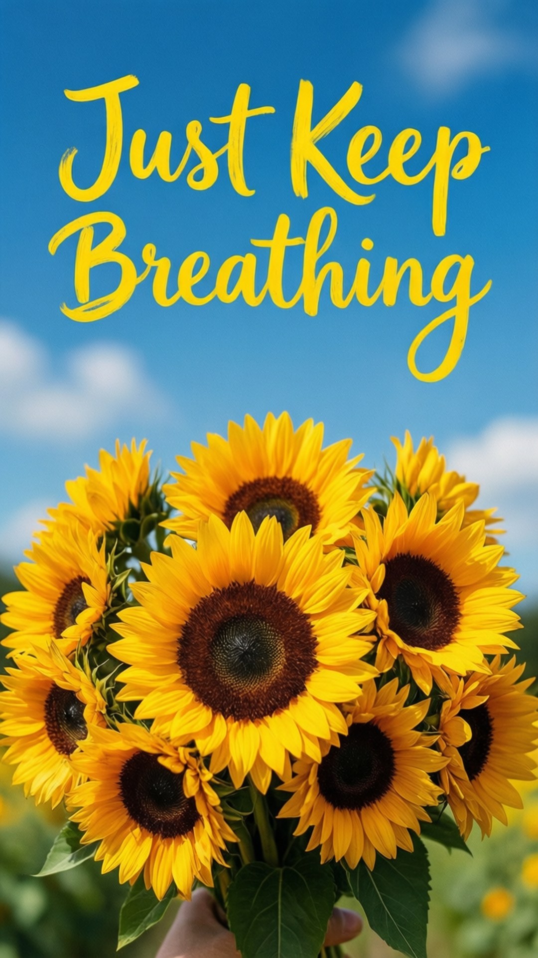 Sunflowers Keep Breathing 壁紙 — 一隻手拿著一束鮮豔的向日葵，背景是明亮的藍天和蓬鬆的白雲，並有粗體黃色字句「just keep breathing」的勵志語句。