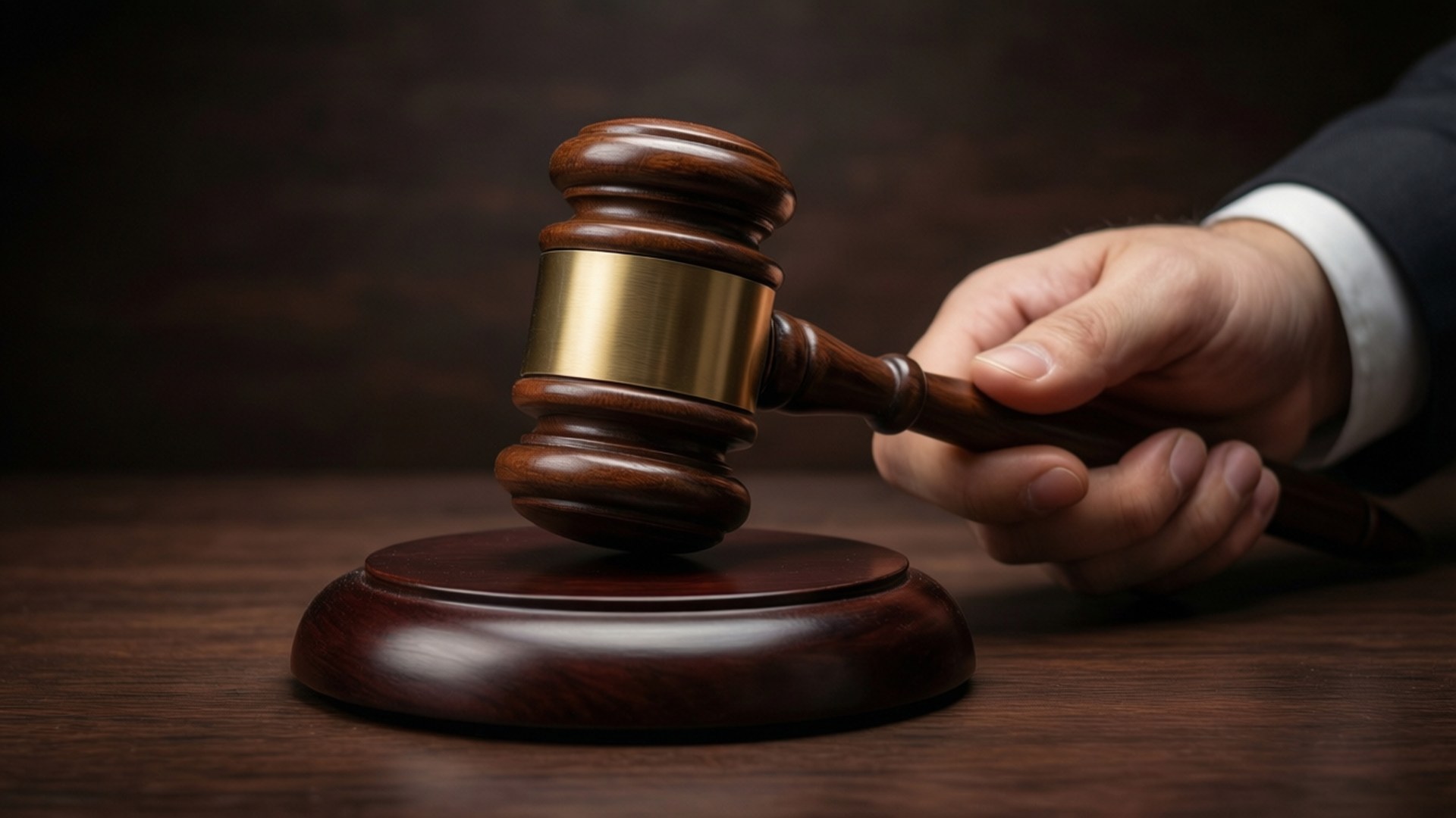 The Gavel 壁紙 — 一隻穿著西裝的手握著一個拋光的木槌，帶有黃銅帶，懸浮在深色木質表面上的匹配音塊上方。