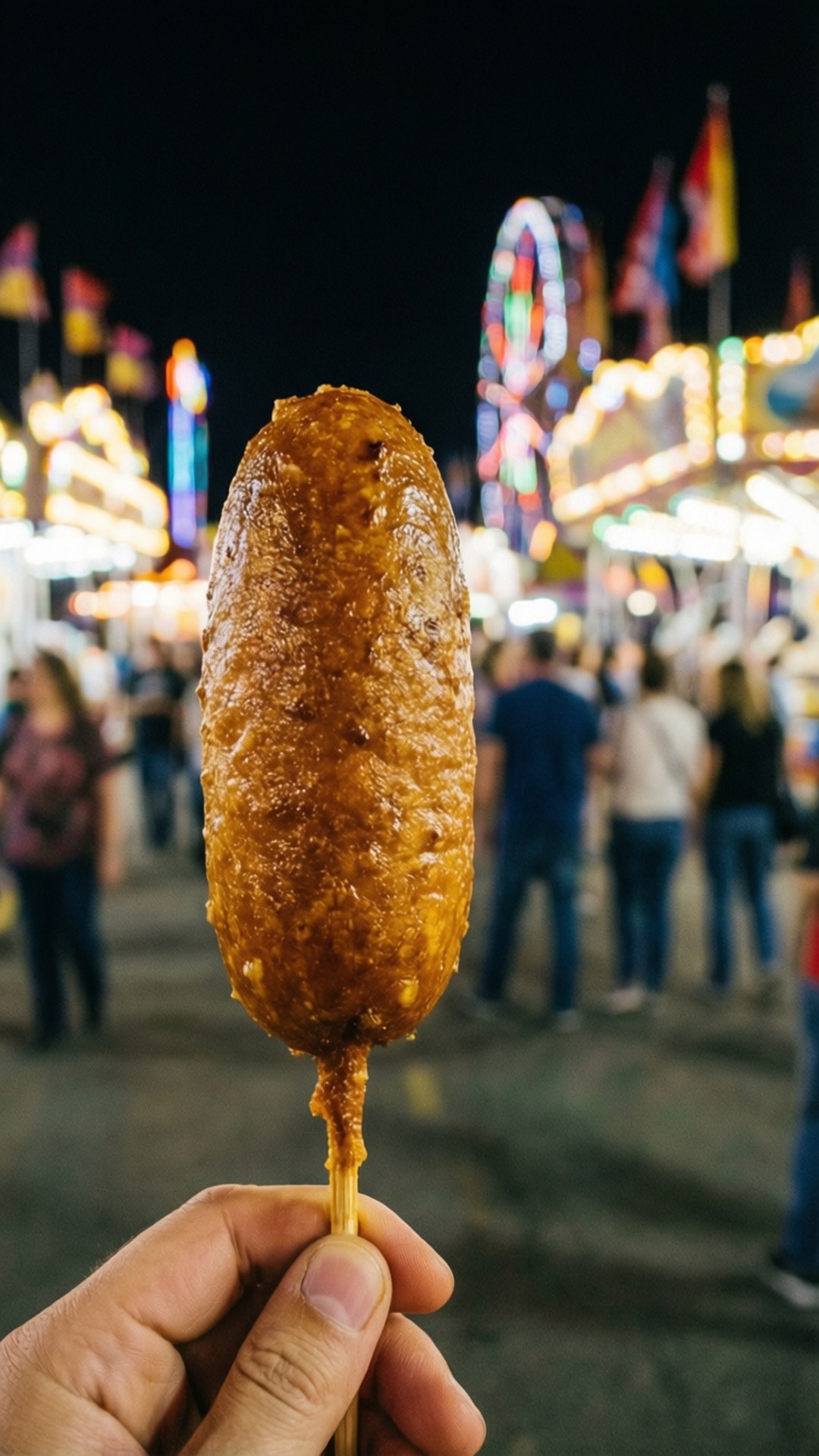Corn Dog 桌布 壁紙 — 一隻手拿著金黃色的玉米熱狗，背景是充滿活力的夜間嘉年華，有發光的遊樂設施和模糊的人群。