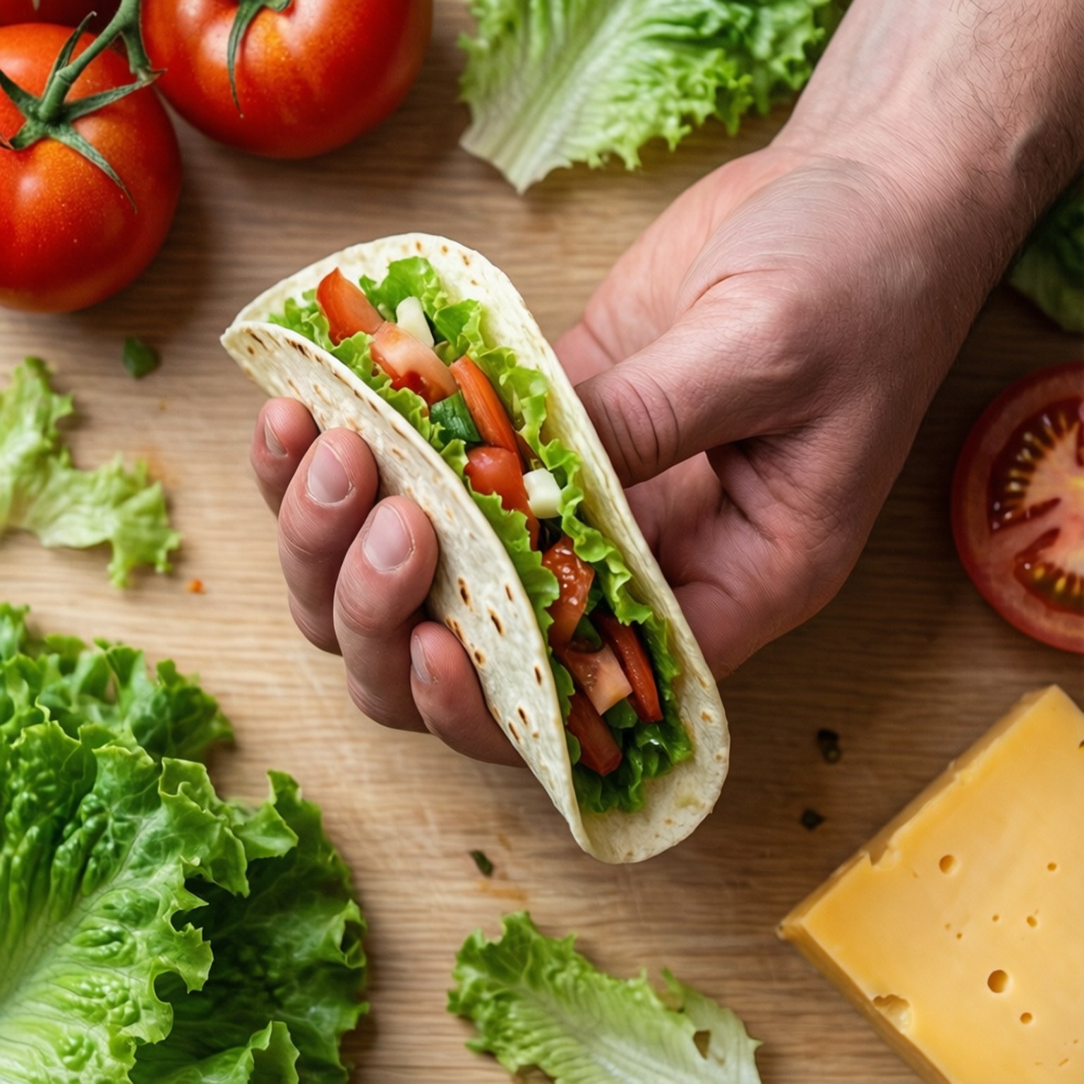 Taco Preparation Flat Lay 壁紙 — 一隻手拿著一個新鮮的墨西哥捲餅，裡面有生菜、番茄和起司，放在木板上，周圍是各種食材。