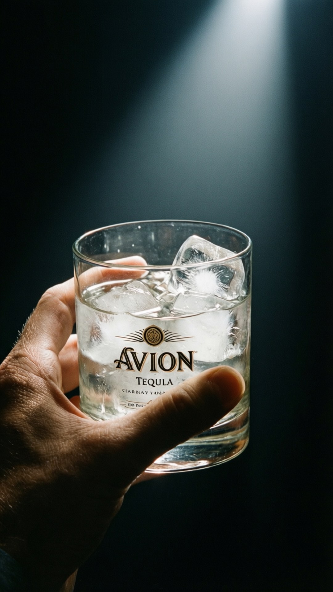 Avion on the Rocks 壁紙 — 一隻手在黑暗背景下，於戲劇性聚光燈下拿著一杯加冰的Avion龍舌蘭酒。