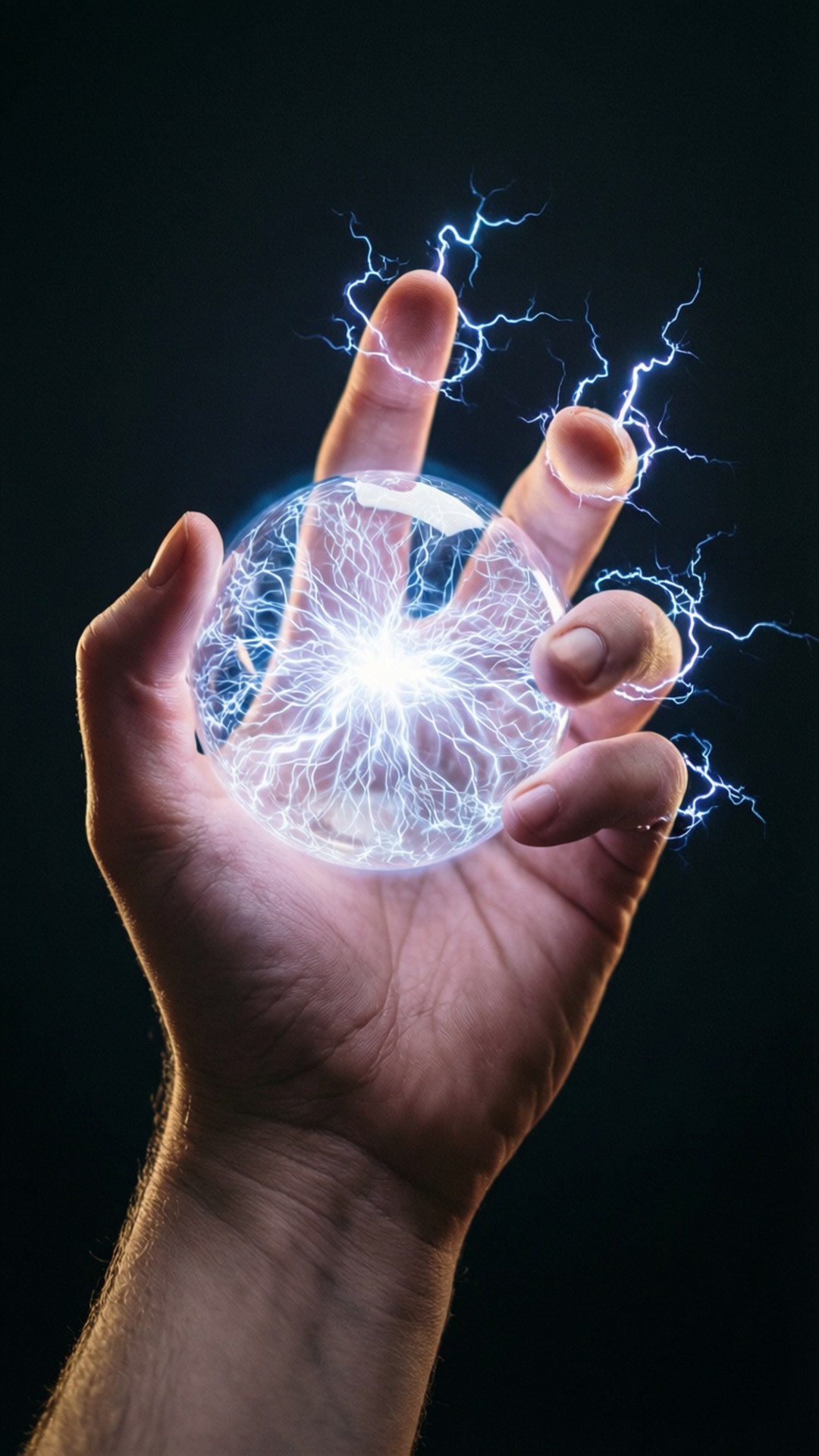 Electric Orb in Hand 壁紙 — 一隻手捧著一個發光的電球，指尖迸發出噼啪作響的藍色閃電，背景為黑色。