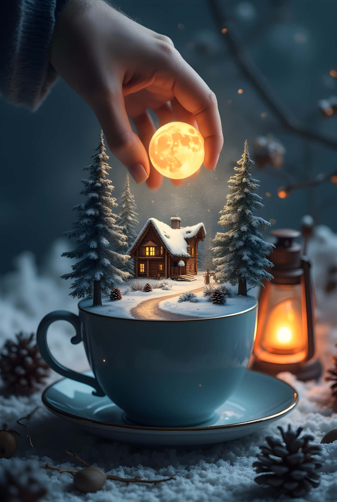 手在燈籠旁拿著發光月亮，懸在藍色茶杯內的小雪屋上方