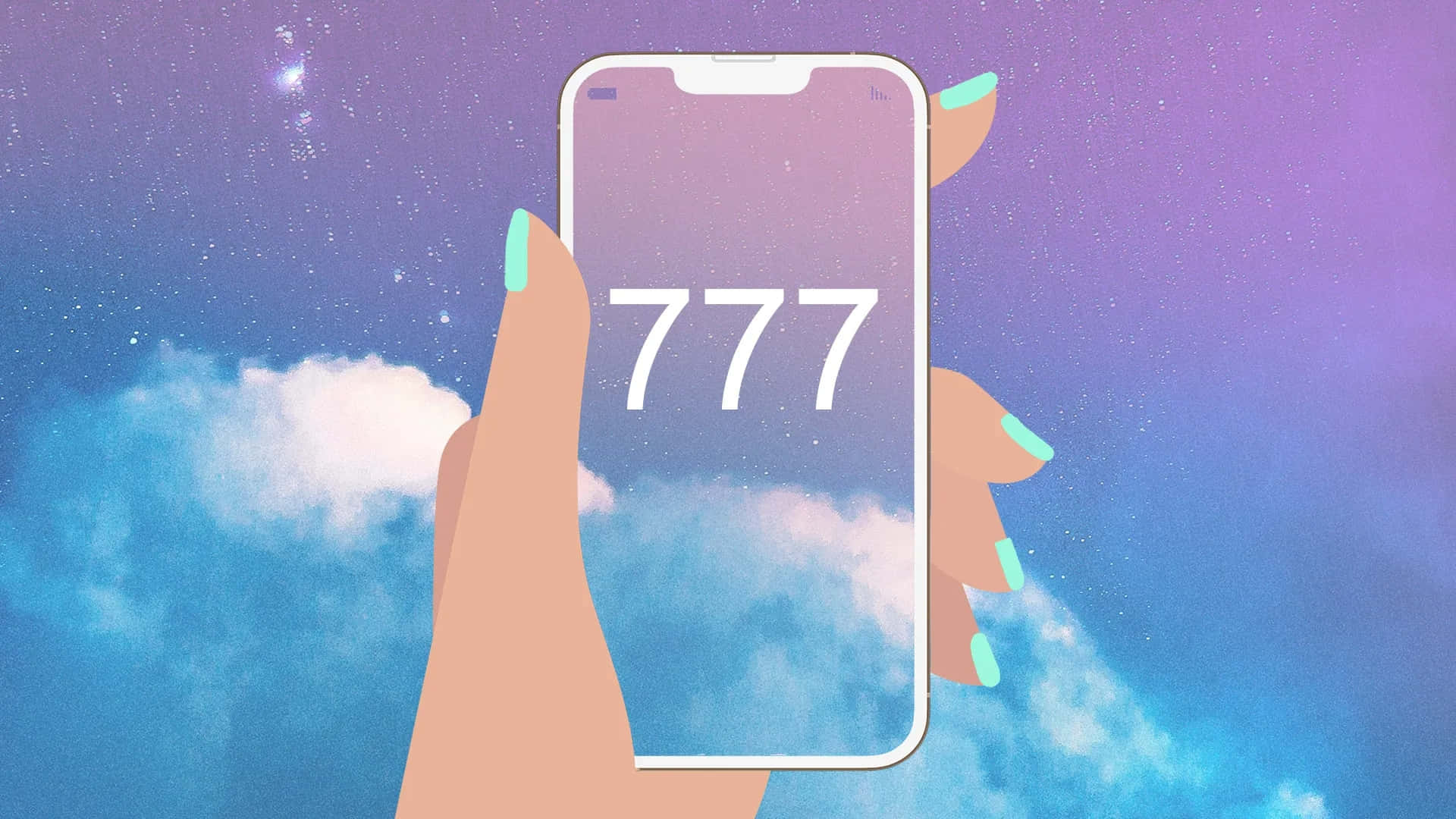  壁紙 — 一隻手拿著一部顯示777的手機，背景是夢幻的紫藍色天空，有雲和星星。