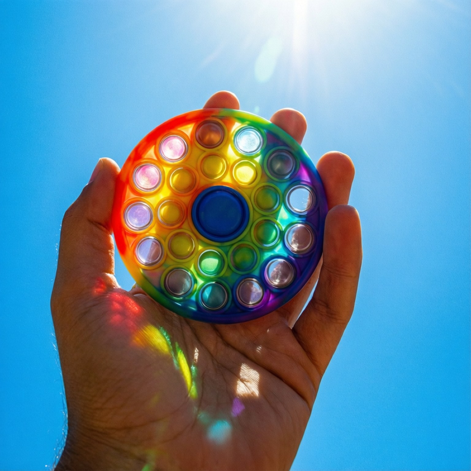 Fidget 桌布 壁紙 — 一隻手拿著彩虹色的減壓玩具，背景是明亮的藍天，陽光折射出色彩繽紛的反射。