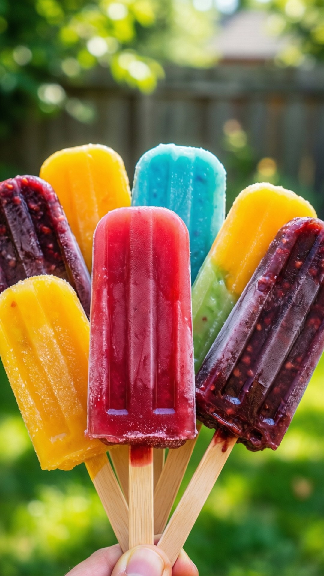Popsicle Rainbow 壁紙 — 一隻手拿著七支鮮豔的冰棒，顏色有紅、黃、藍、紫，背景是陽光明媚的綠色花園。