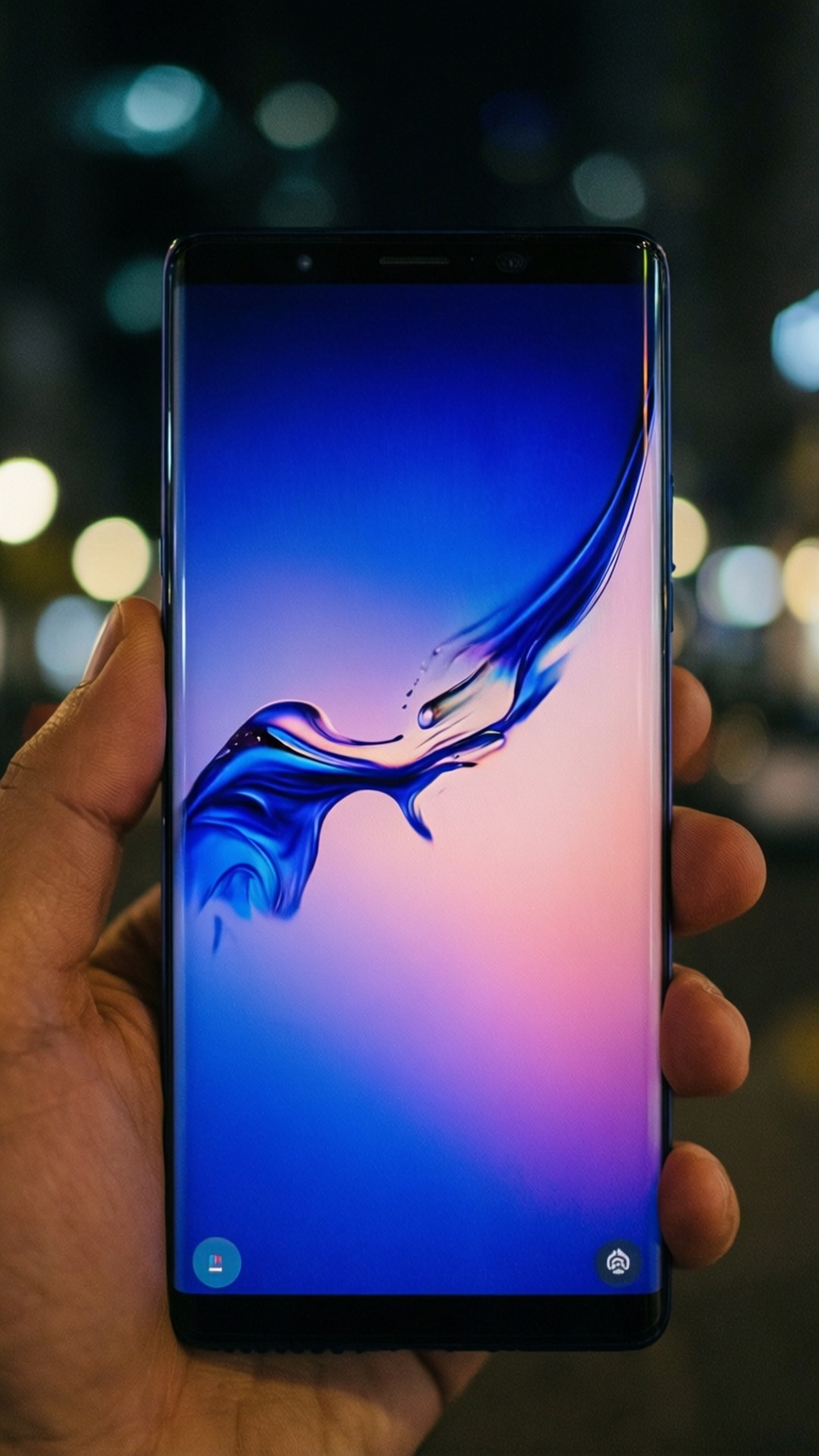 Note 8 桌布 壁紙 — 一隻手拿著一部時尚智慧型手機，顯示出充滿活力的藍色和粉紅色液體飛濺桌布，背景是模糊的城市夜景。