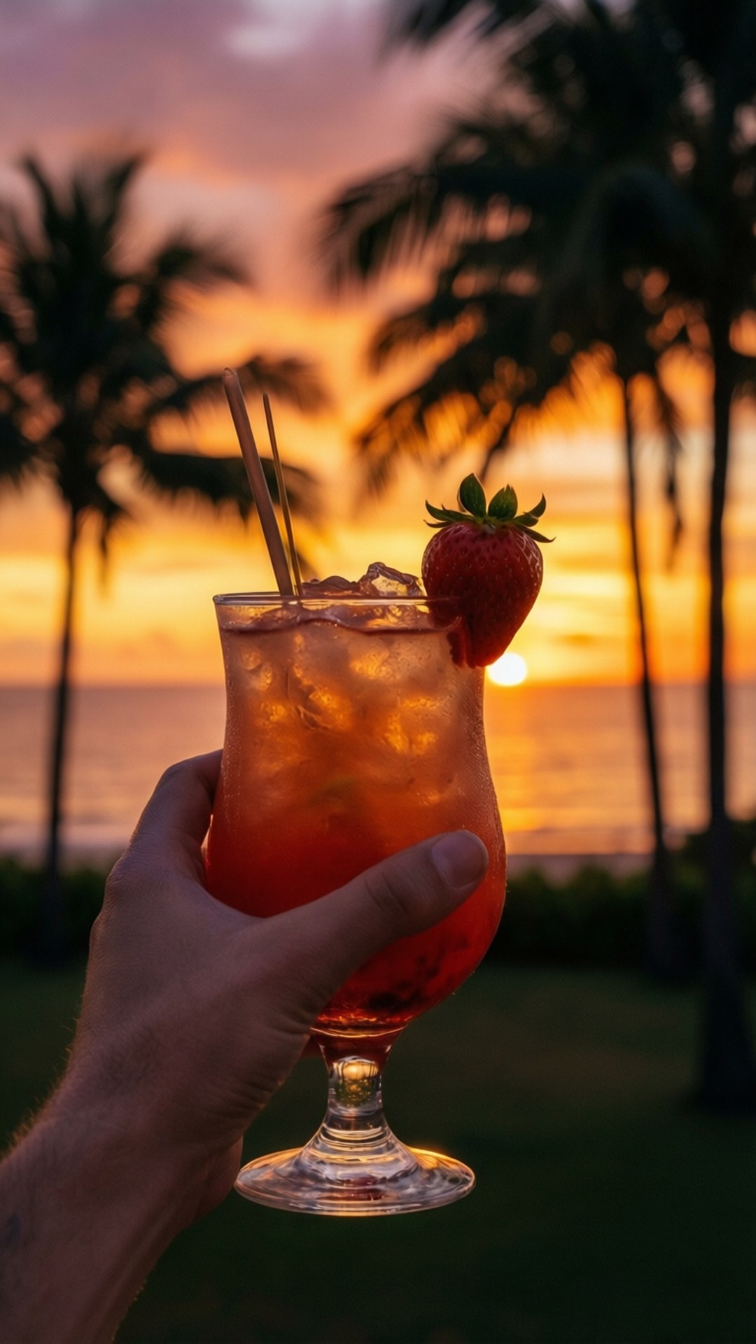 Tropical Drink 桌布 壁紙 — 一隻手拿著草莓雞尾酒，背景是充滿活力的日落，棕櫚樹的剪影映在海洋上。