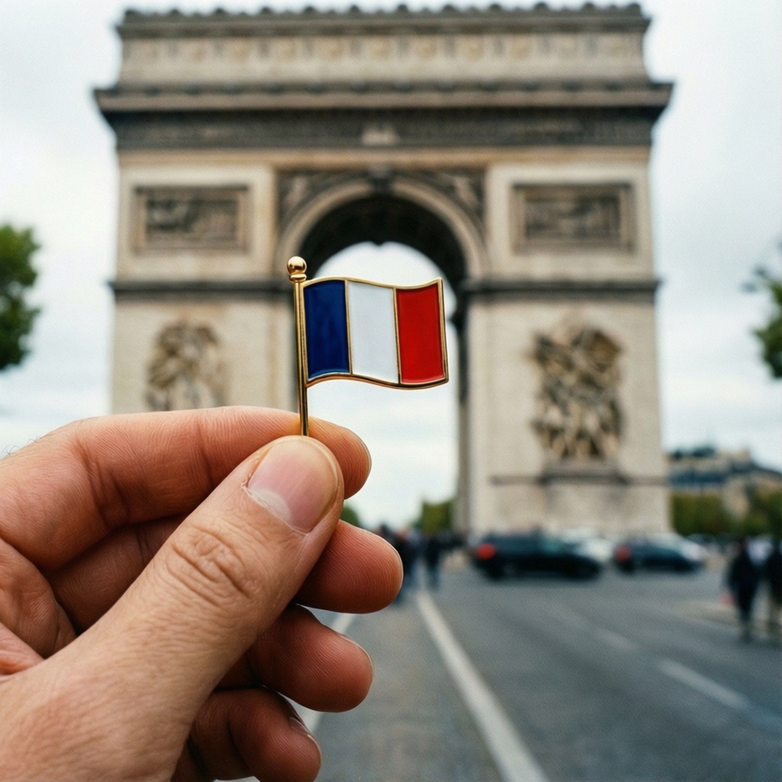 Flag Pin Arc de Triomphe 壁紙 — 一隻手在巴黎模糊的凱旋門前拿著一個小小的法國國旗別針。